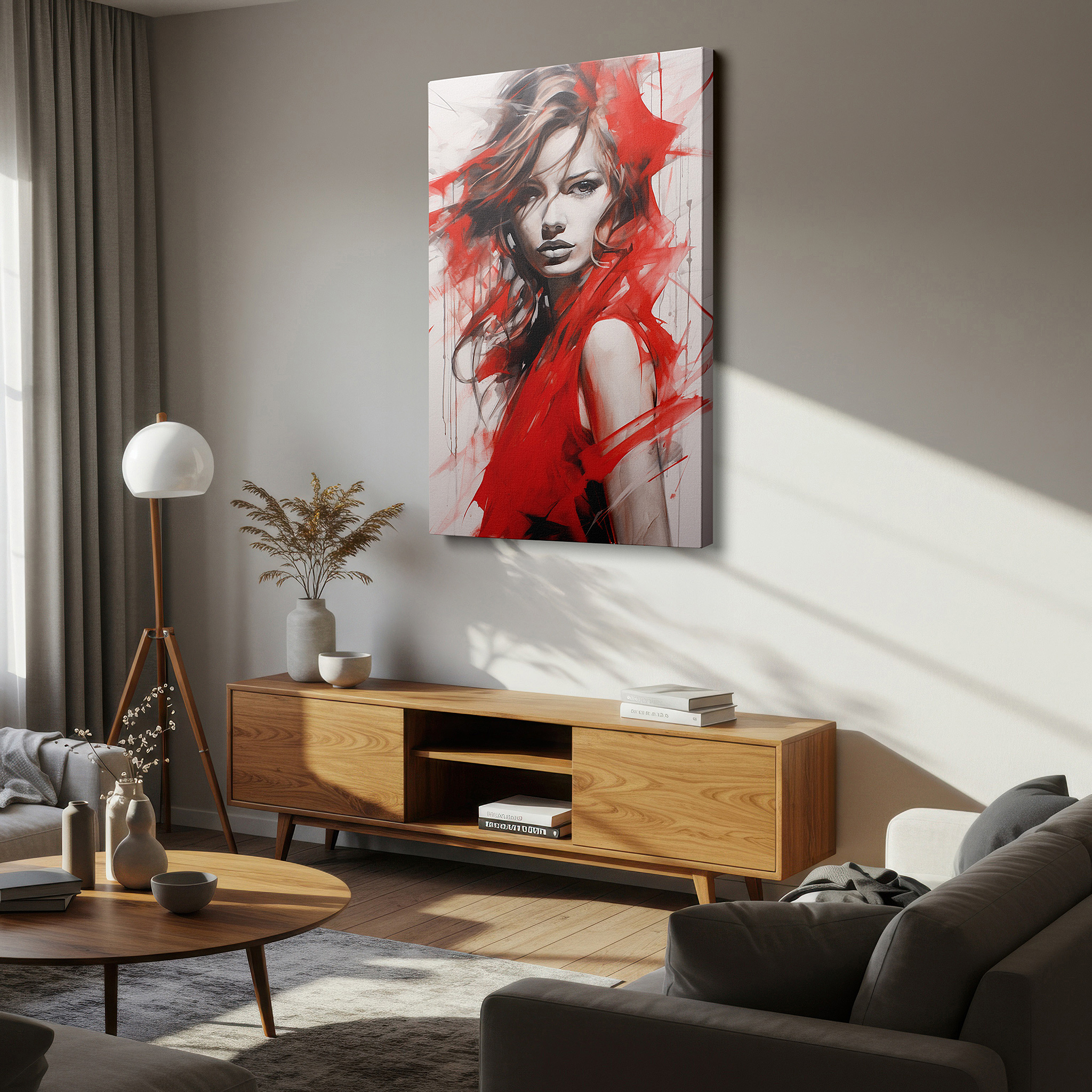 Installation made easy with a centered hook and clean wire mount — portrait of a woman in red: a bold display of strength and beauty - large canvas wall art for office and bedroom decor