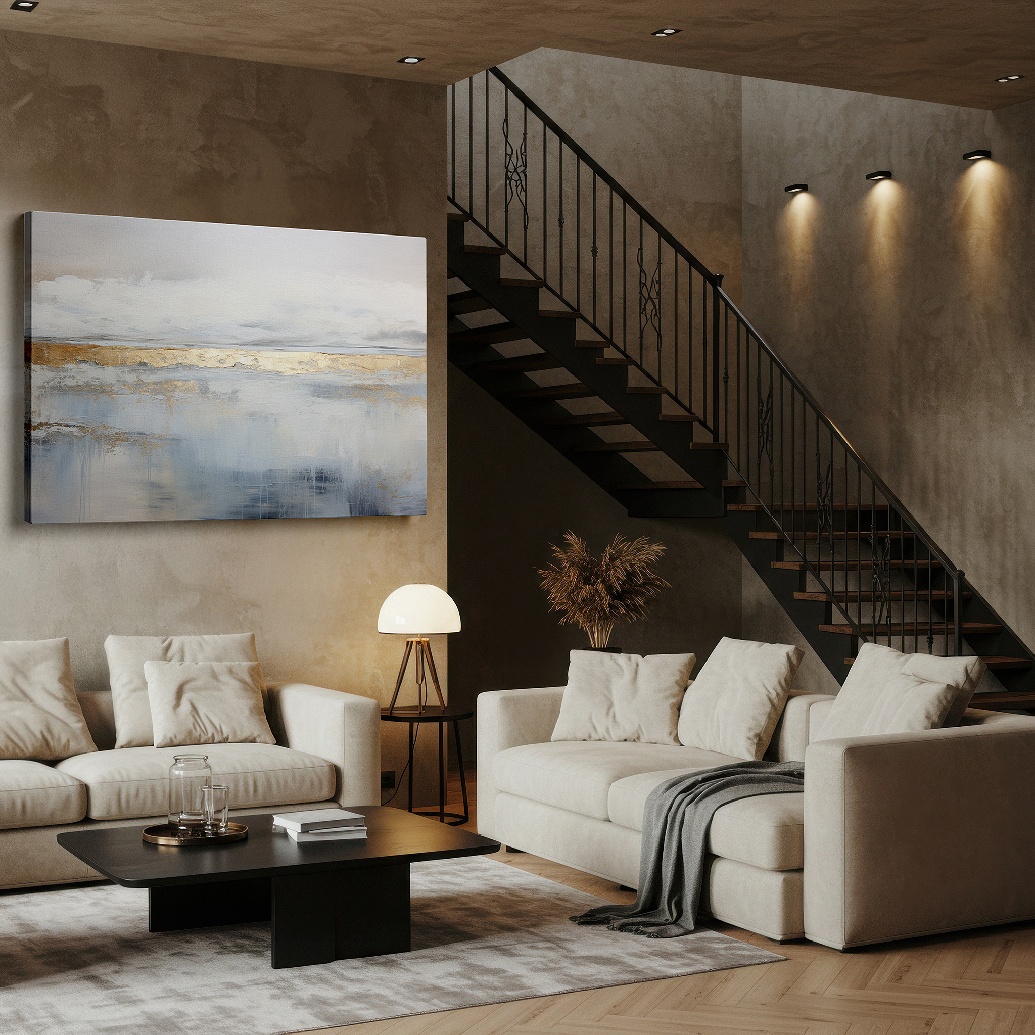 Installation made easy with a centered hook and clean wire mount — serene abstract landscape canvas with soft blues and golden accents, large wall art for office, bedroom, and living room decor