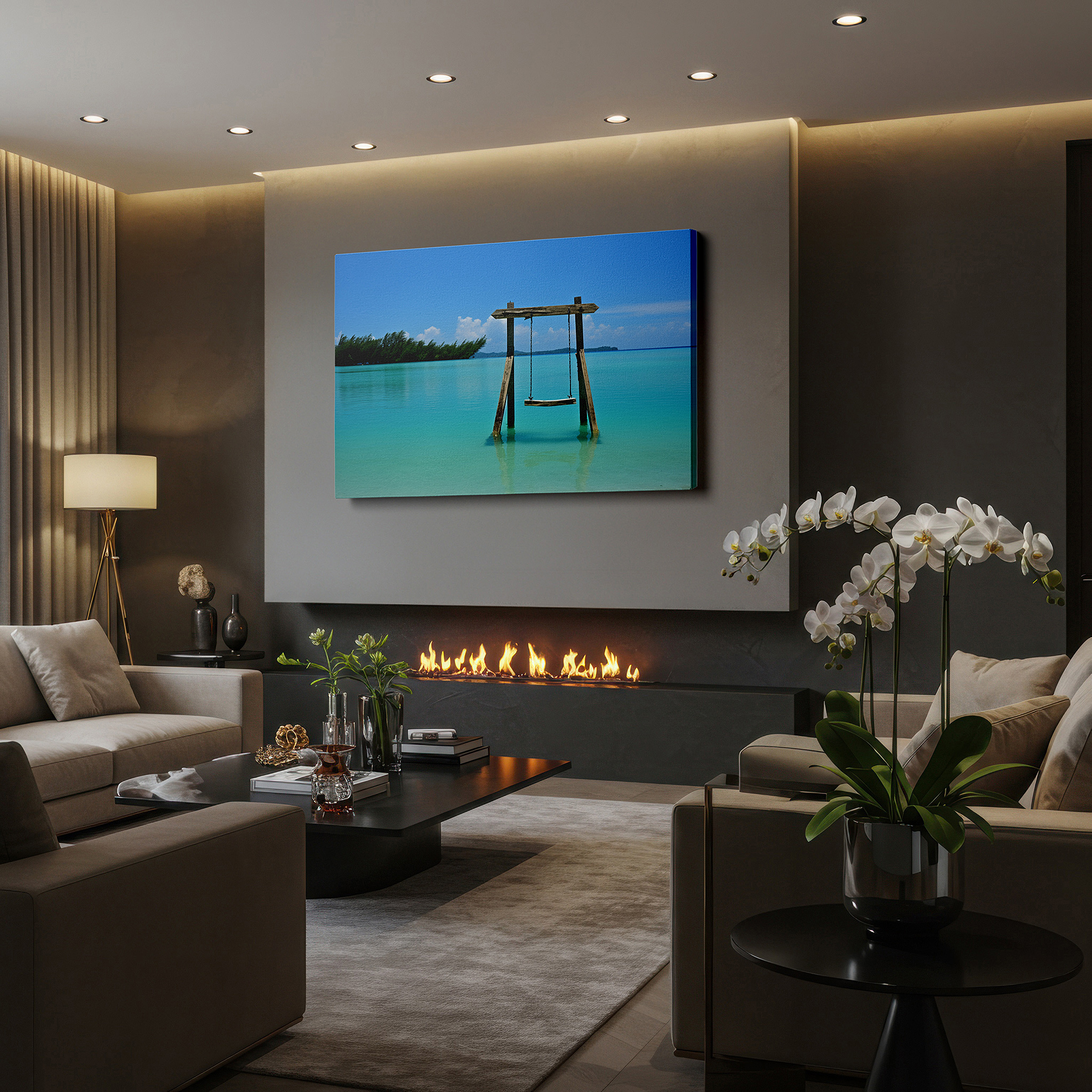 Installation made easy with a centered hook and clean wire mount — serene beach landscape featuring a lone swing above turquoise waters - large canvas wall art for office, bedroom, and living room decor