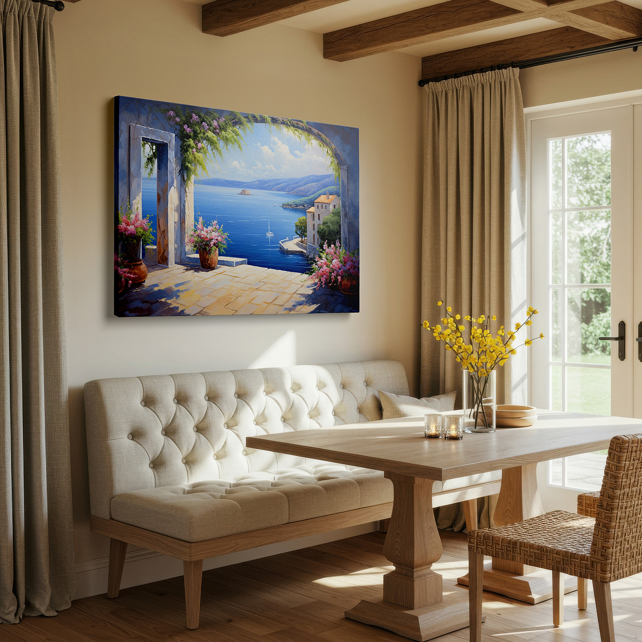 Installation made easy with a centered hook and clean wire mount — a serene coastal retreat canvas framed by a graceful arch large wall art, canvas wall decor for offices, bedrooms, and living rooms