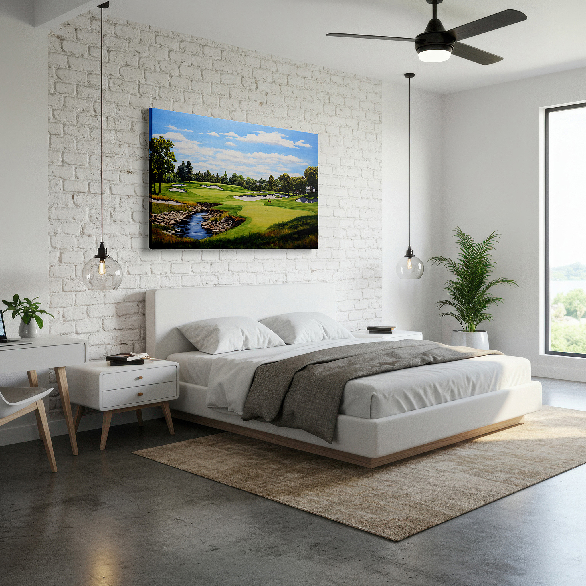 Installation made easy with a centered hook and clean wire mount — serene golf course oasis wall art featuring lush greens and calm blue skies, perfect for office, bedroom, and living room decor