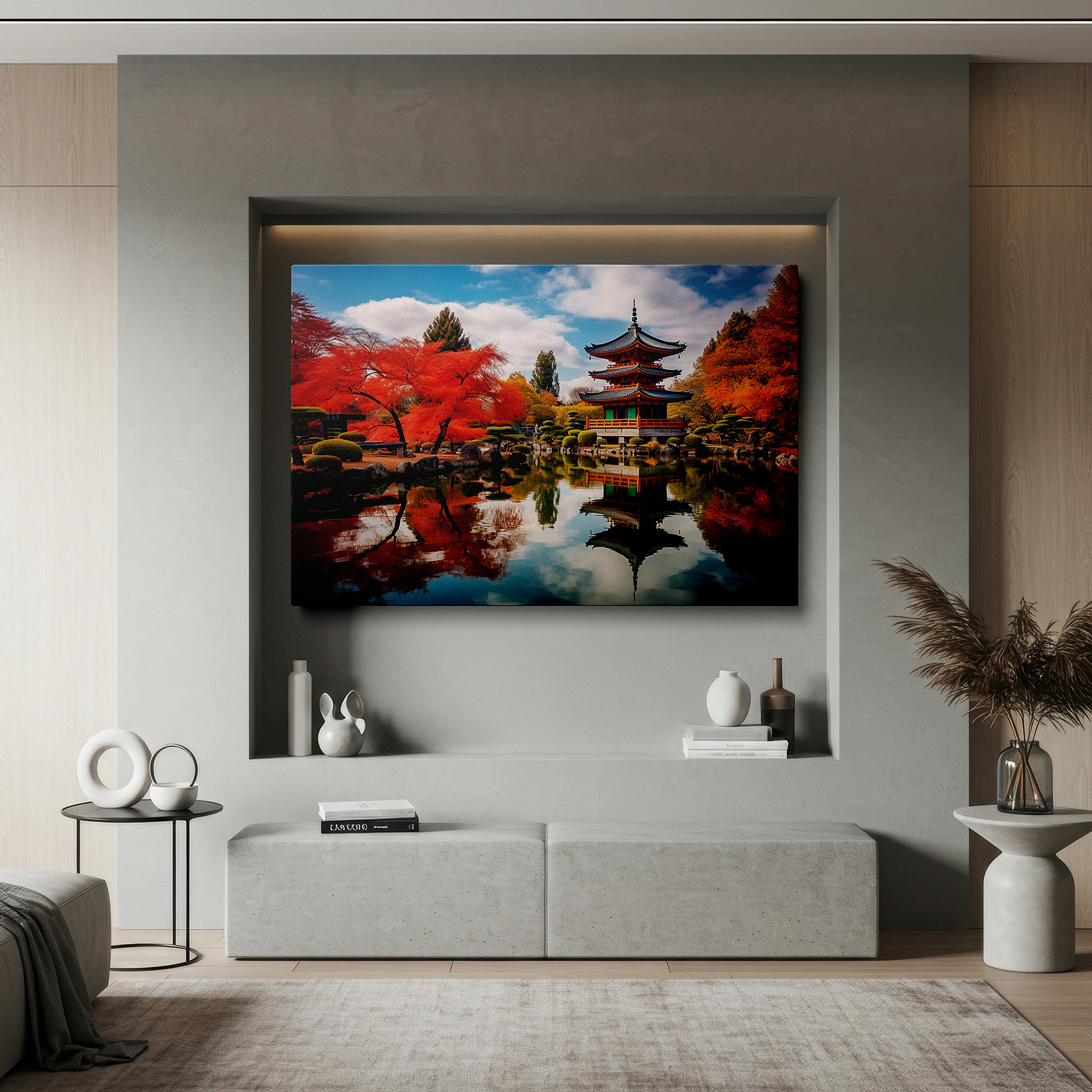 Installation made easy with a centered hook and clean wire mount — serene japanese scenery with fall reflections and classic architecture - large canvas wall art for home and office decor