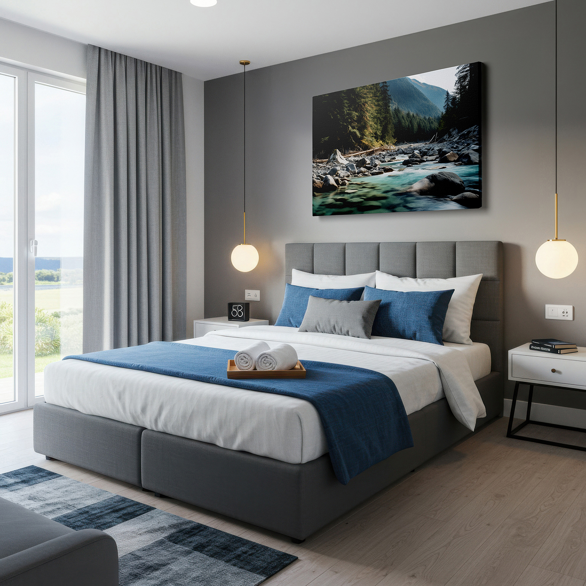 Installation made easy with a centered hook and clean wire mount — serene river and majestic mountain large canvas wall art for office and bedroom decor