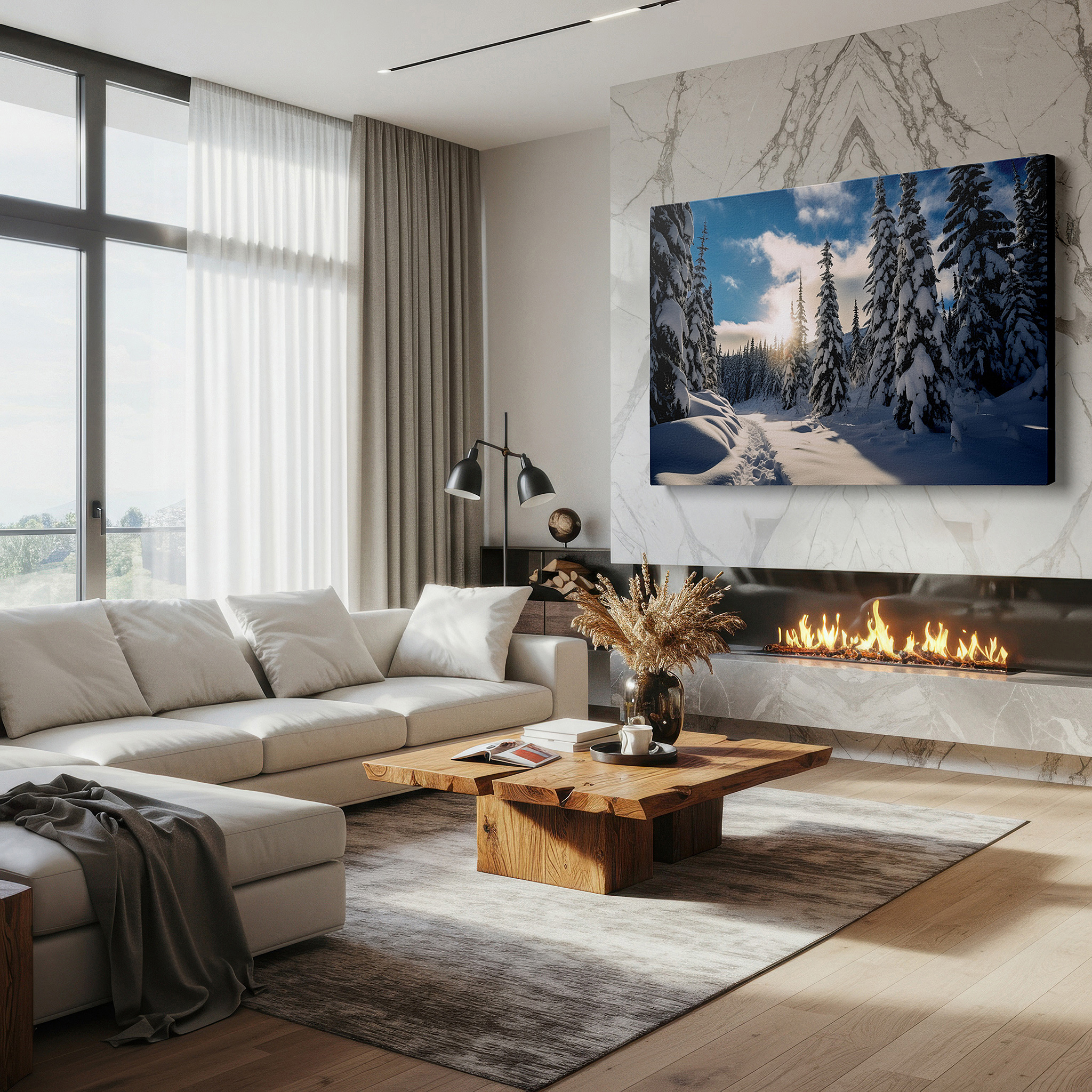 Installation made easy with a centered hook and clean wire mount — serene winter forest in sunlight: tranquil snowy landscape large wall art, canvas wall art for office and bedroom decor