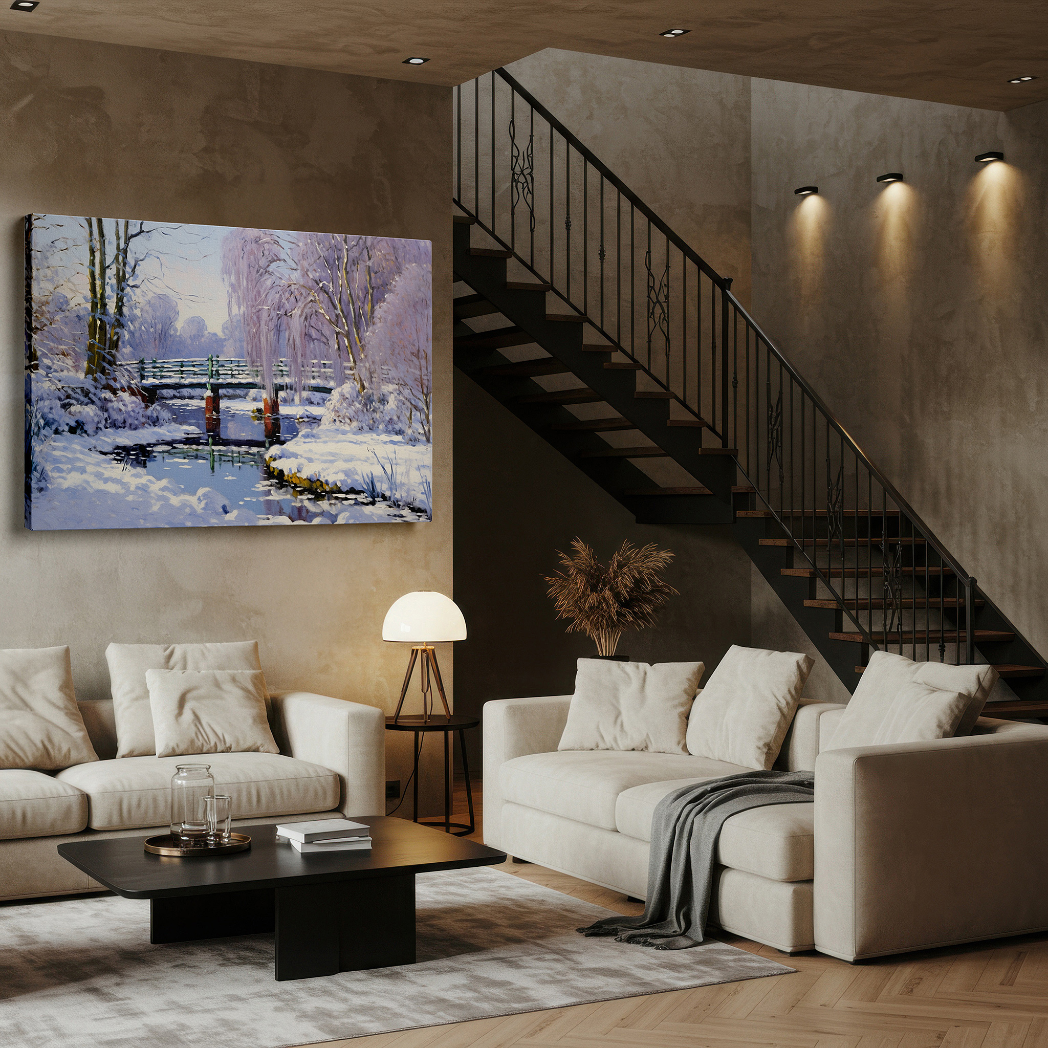 Installation made easy with a centered hook and clean wire mount — serene winter scene featuring a rustic wooden bridge over a snowy stream - large canvas wall art for home and office decor