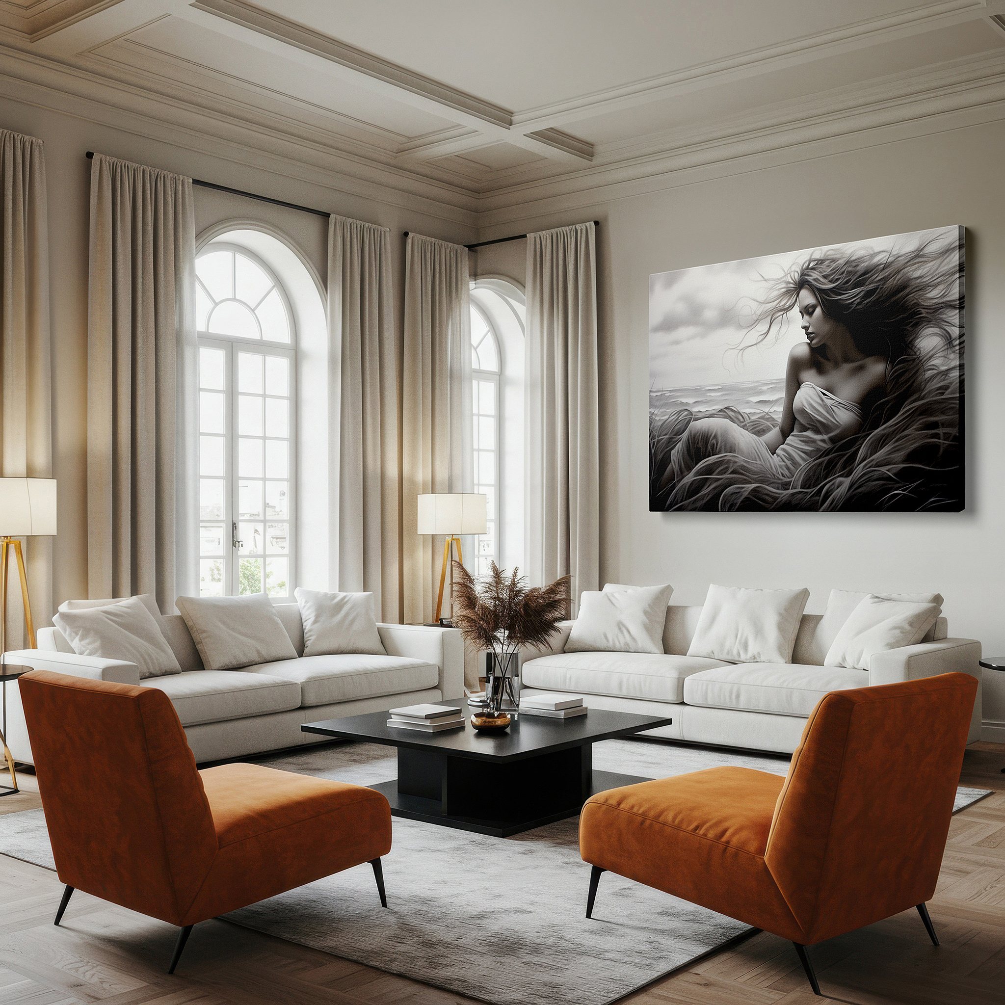 Installation made easy with a centered hook and clean wire mount — serene woman with flowy hair in calm pastels large canvas wall art for office decor