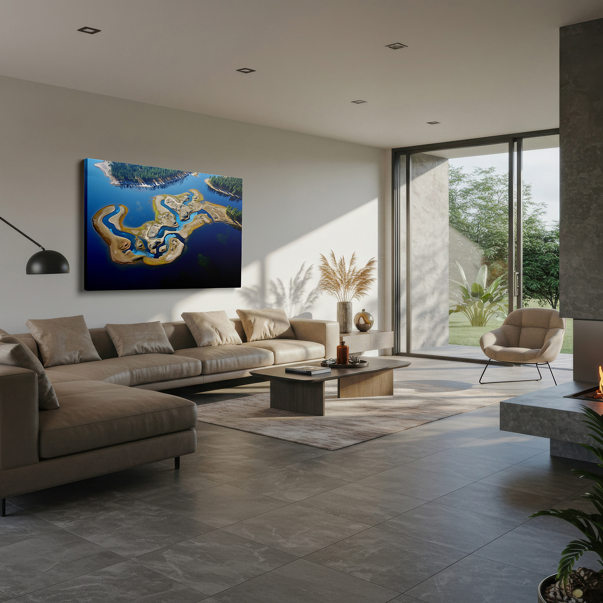 Installation made easy with a centered hook and clean wire mount — serpentine rivers and emerald islands large canvas wall art, elegant aerial wall decor for office and bedroom