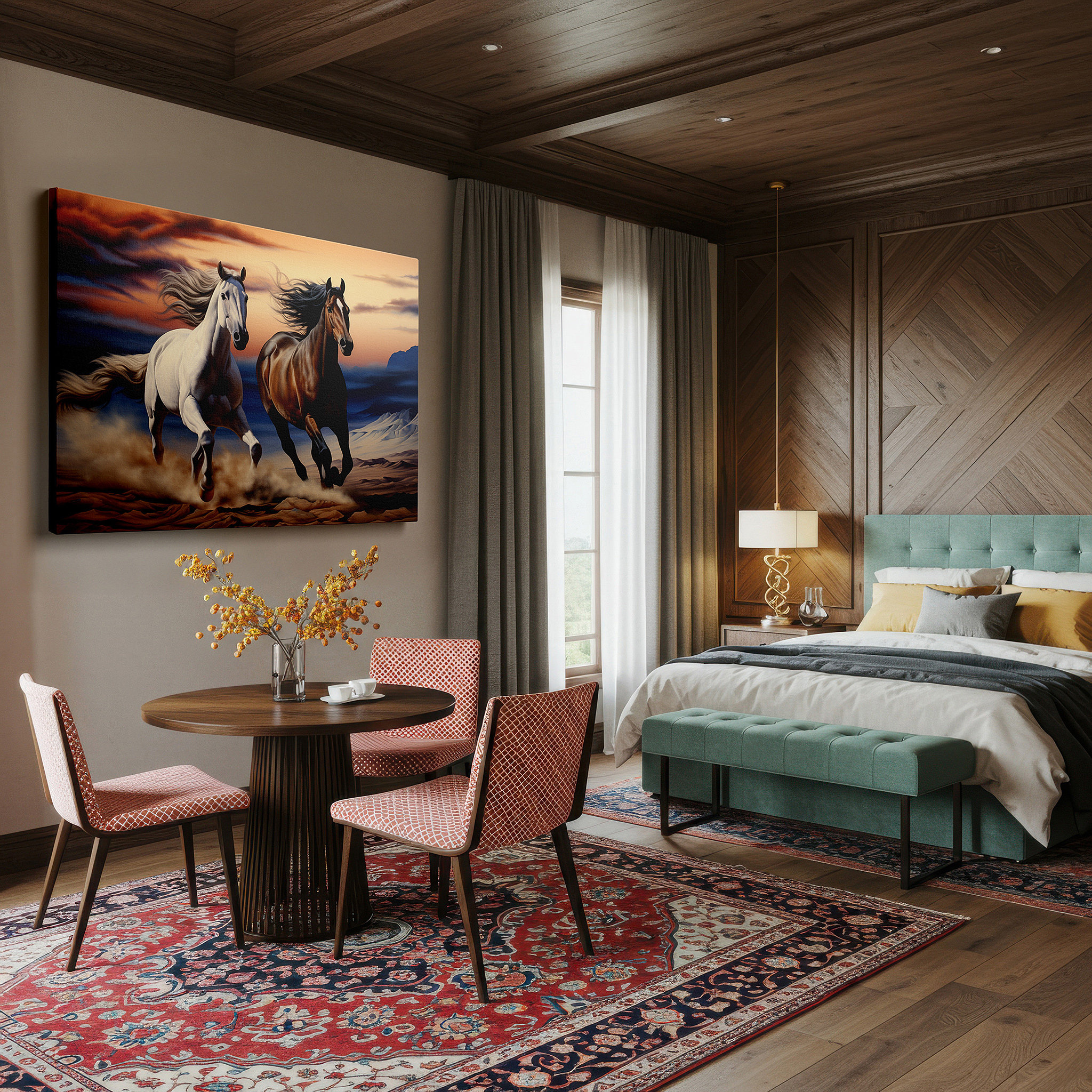 Installation made easy with a centered hook and clean wire mount — stunning large wall art of horses galloping in a desert at sunset, symbolizing freedom and the beauty of nature, perfect for office wall decor