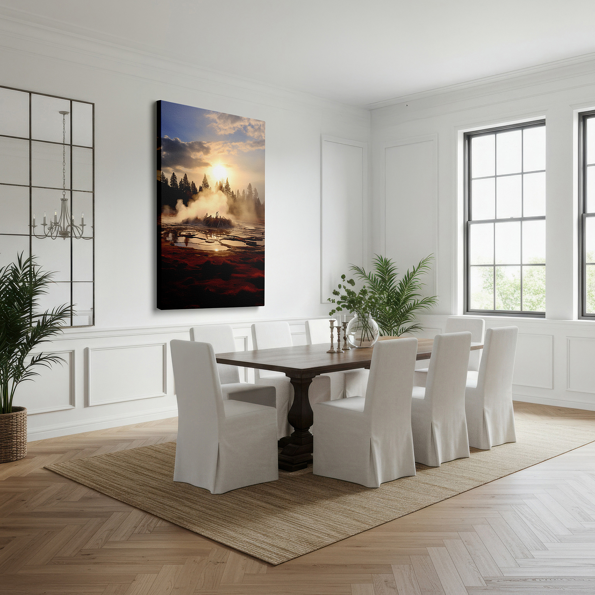 Installation made easy with a centered hook and clean wire mount — sunset forest geyser eruption, dynamic energy and serene beauty large wall art, canvas wall art, wall decor for office