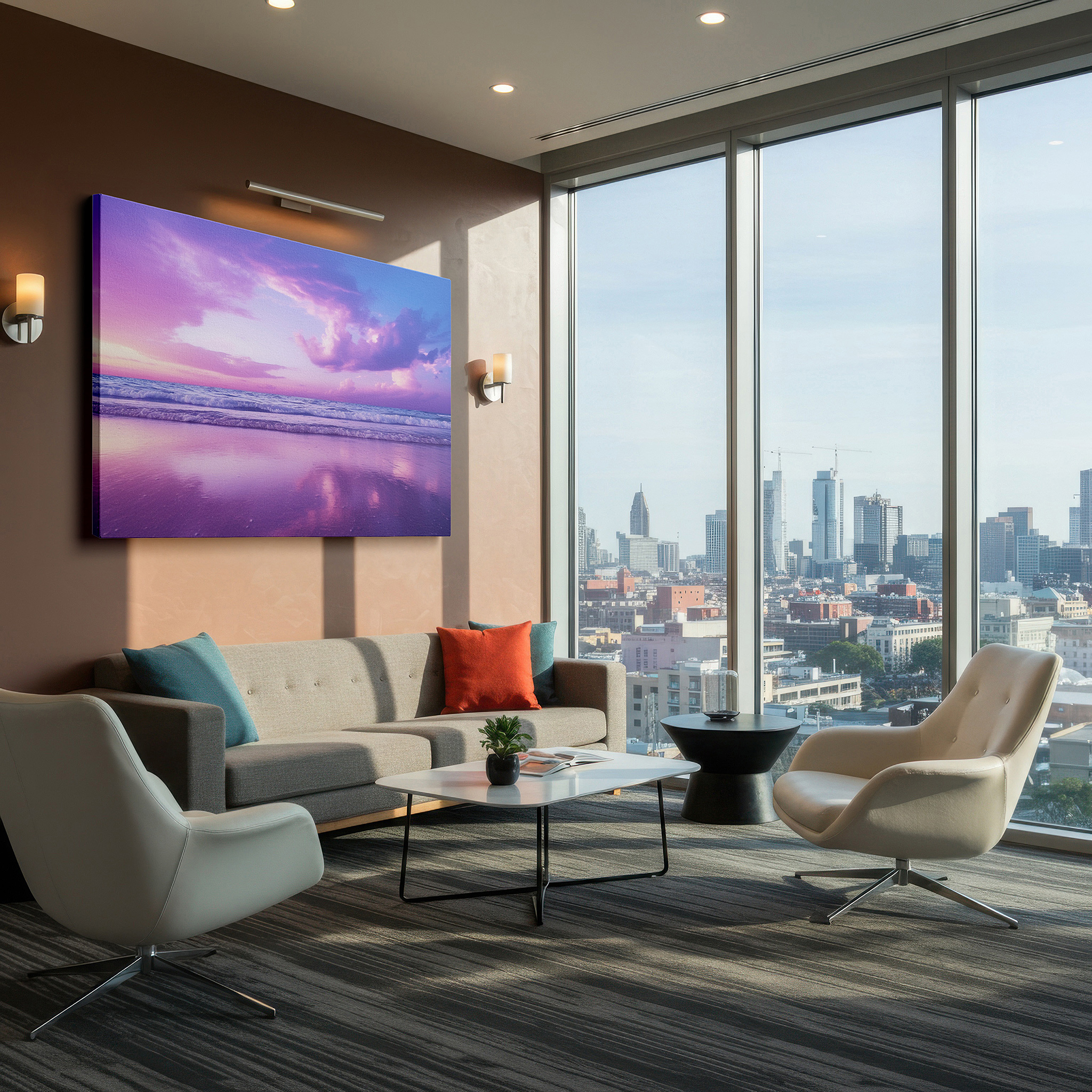 Installation made easy with a centered hook and clean wire mount — sunset symphony in pink and purple: tranquil ocean reflections large wall art, canvas decor for office and bedroom