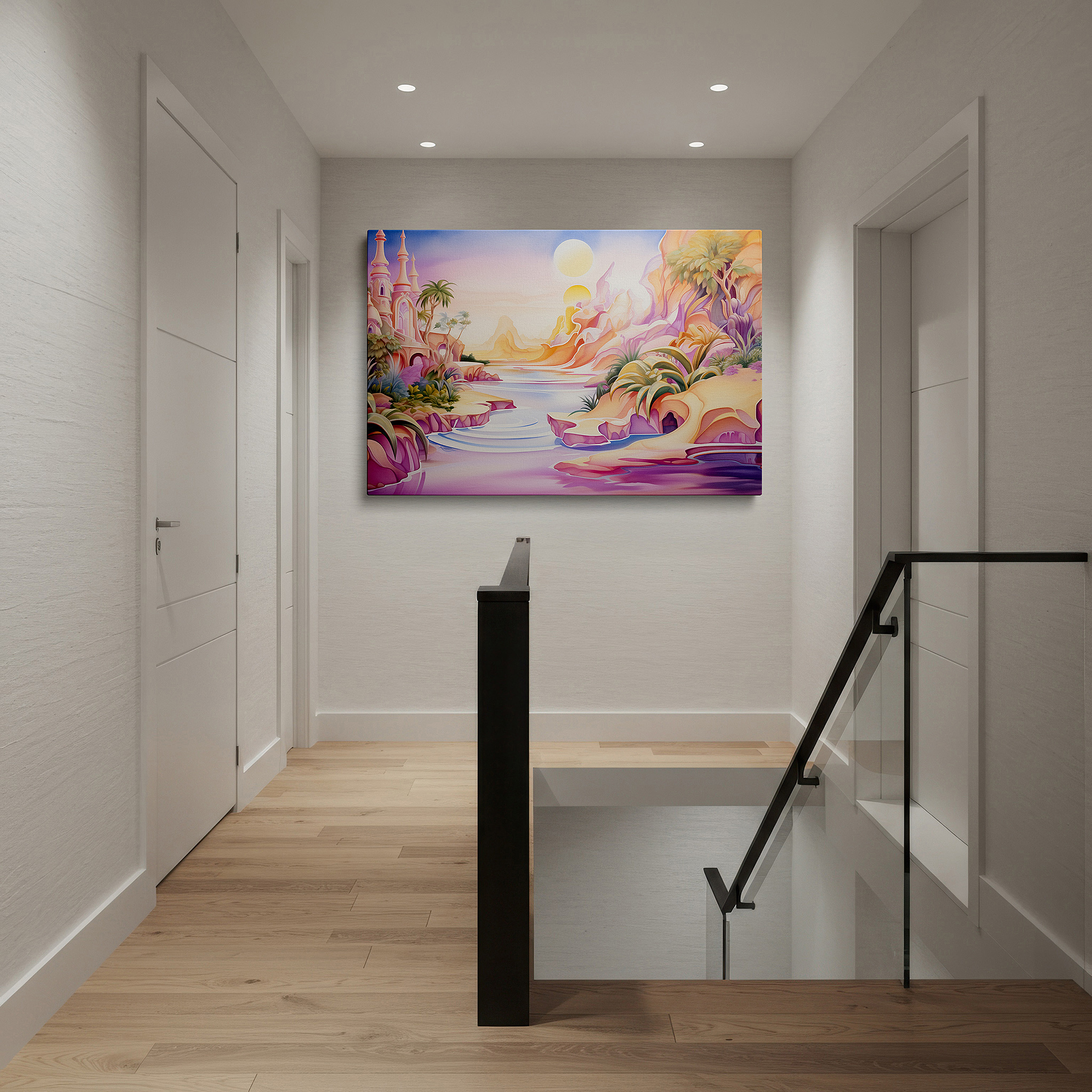 Installation made easy with a centered hook and clean wire mount — tranquil river and enchanted hills under twin suns wall art, large canvas decor for office, bedroom, and living room