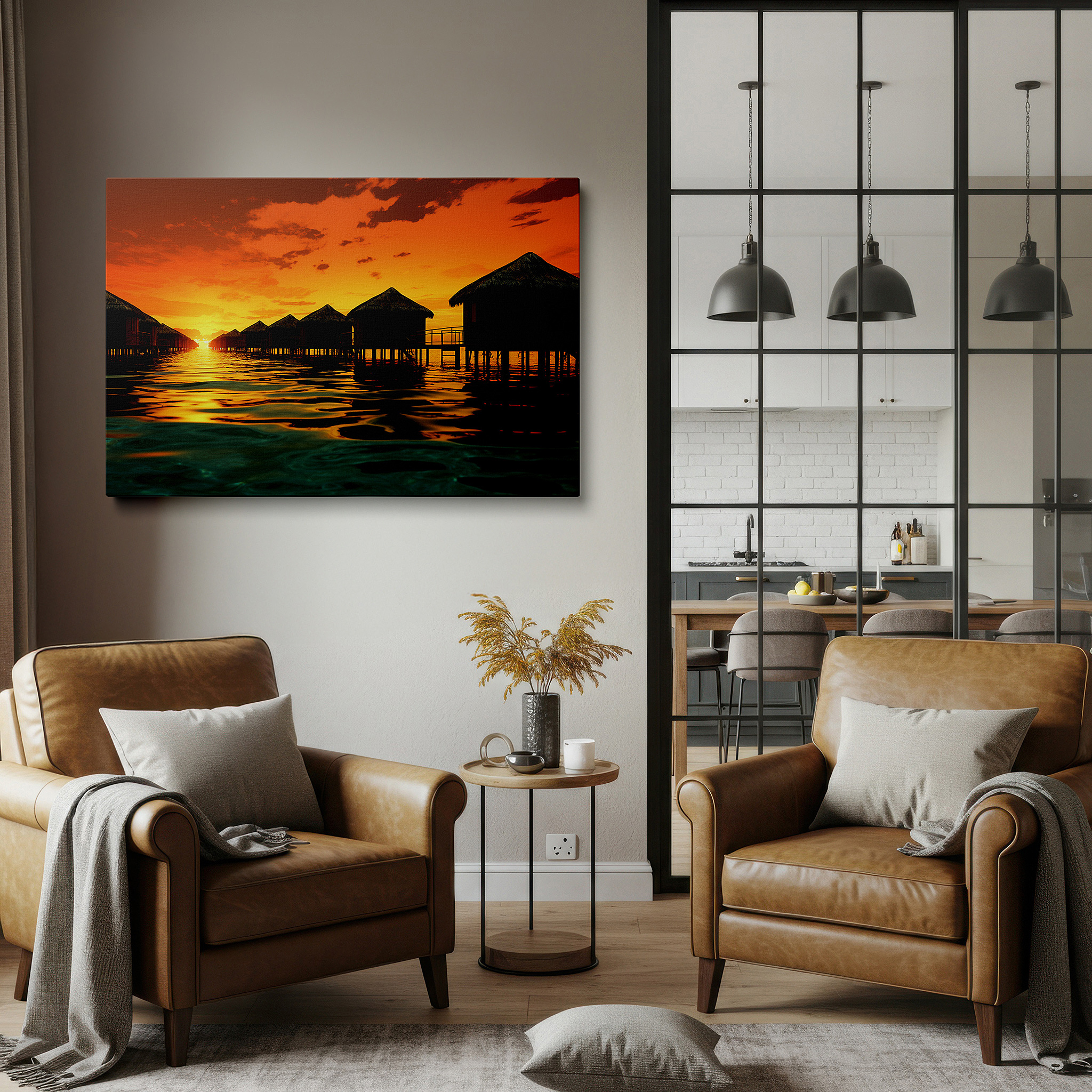 Installation made easy with a centered hook and clean wire mount — tropical paradise golden hour tranquility with overwater bungalows large wall art, canvas wall decor for office and bedroom