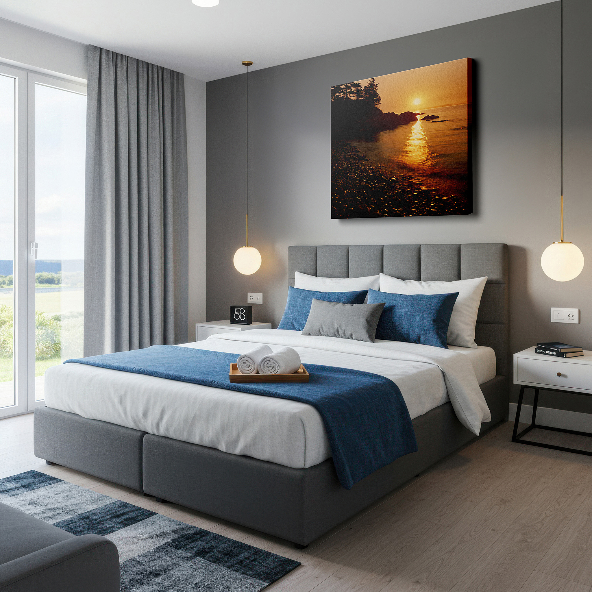Installation made easy with a centered hook and clean wire mount — twilight's last gleam over tranquil waters and rugged shores: large canvas wall art for office, bedroom, and living room decor