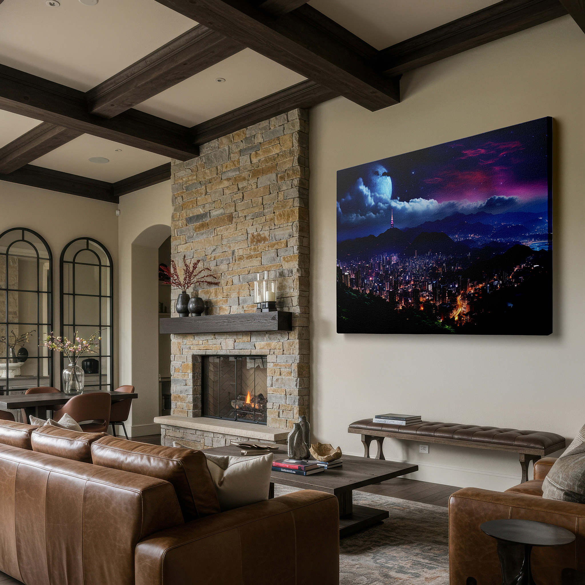 Installation made easy with a centered hook and clean wire mount — urban nightscape featuring a bright moon above a bustling city - large canvas wall art for offices, bedrooms, and living rooms