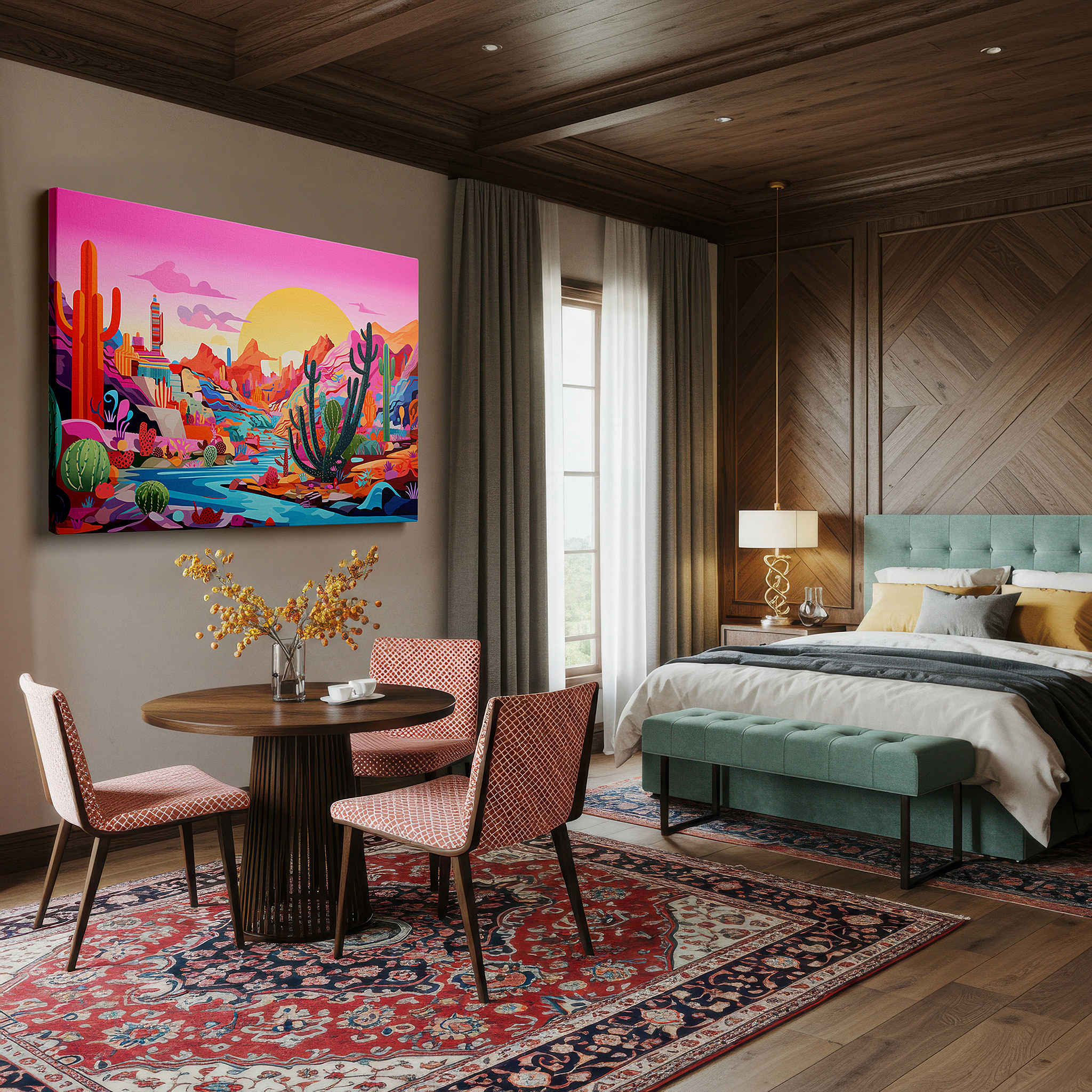 Installation made easy with a centered hook and clean wire mount — vibrant desert whimsy: stylized cacti and dynamic rock formations under a pink sky - large canvas wall art for office decor