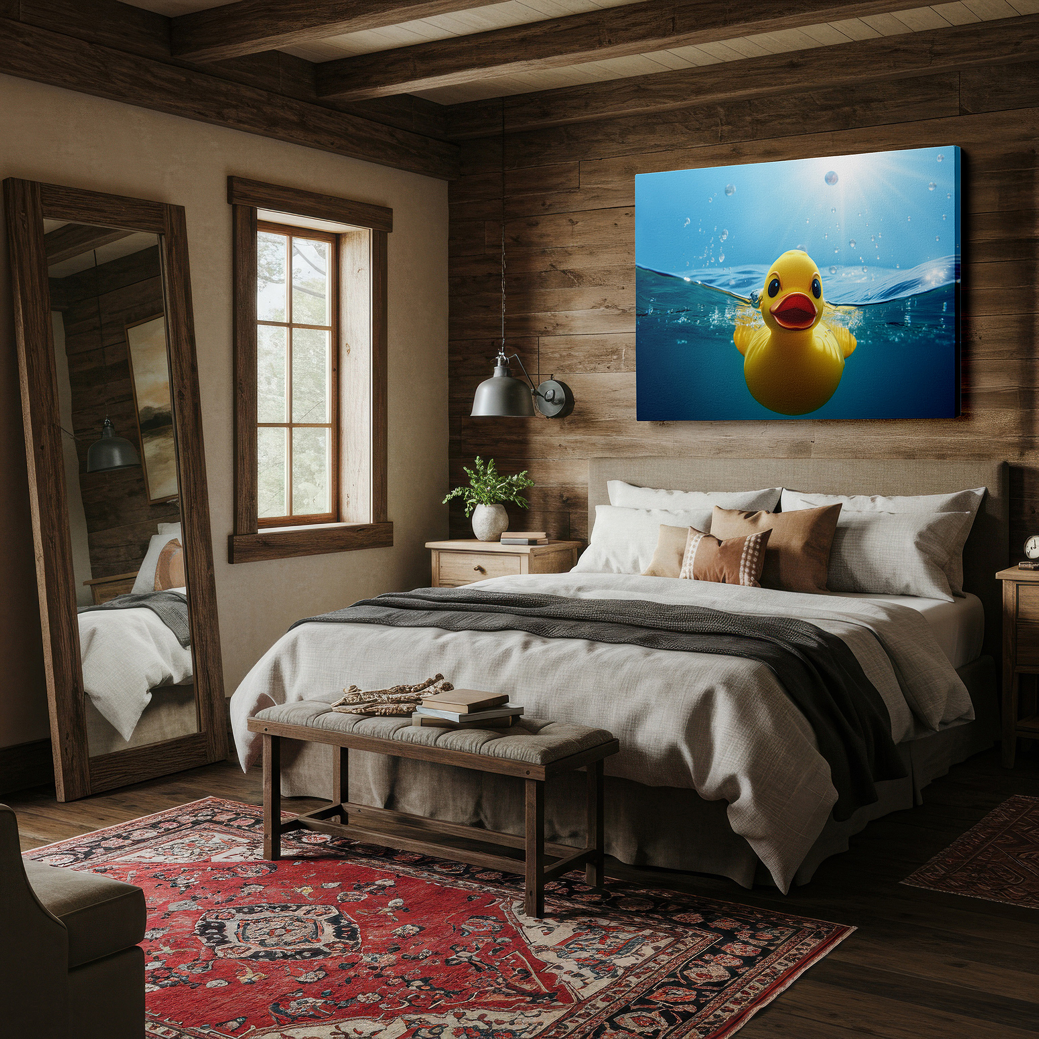 Installation made easy with a centered hook and clean wire mount — vibrant yellow duck in crystal clear waters: playful serenity large wall art, canvas decor for office and bedroom