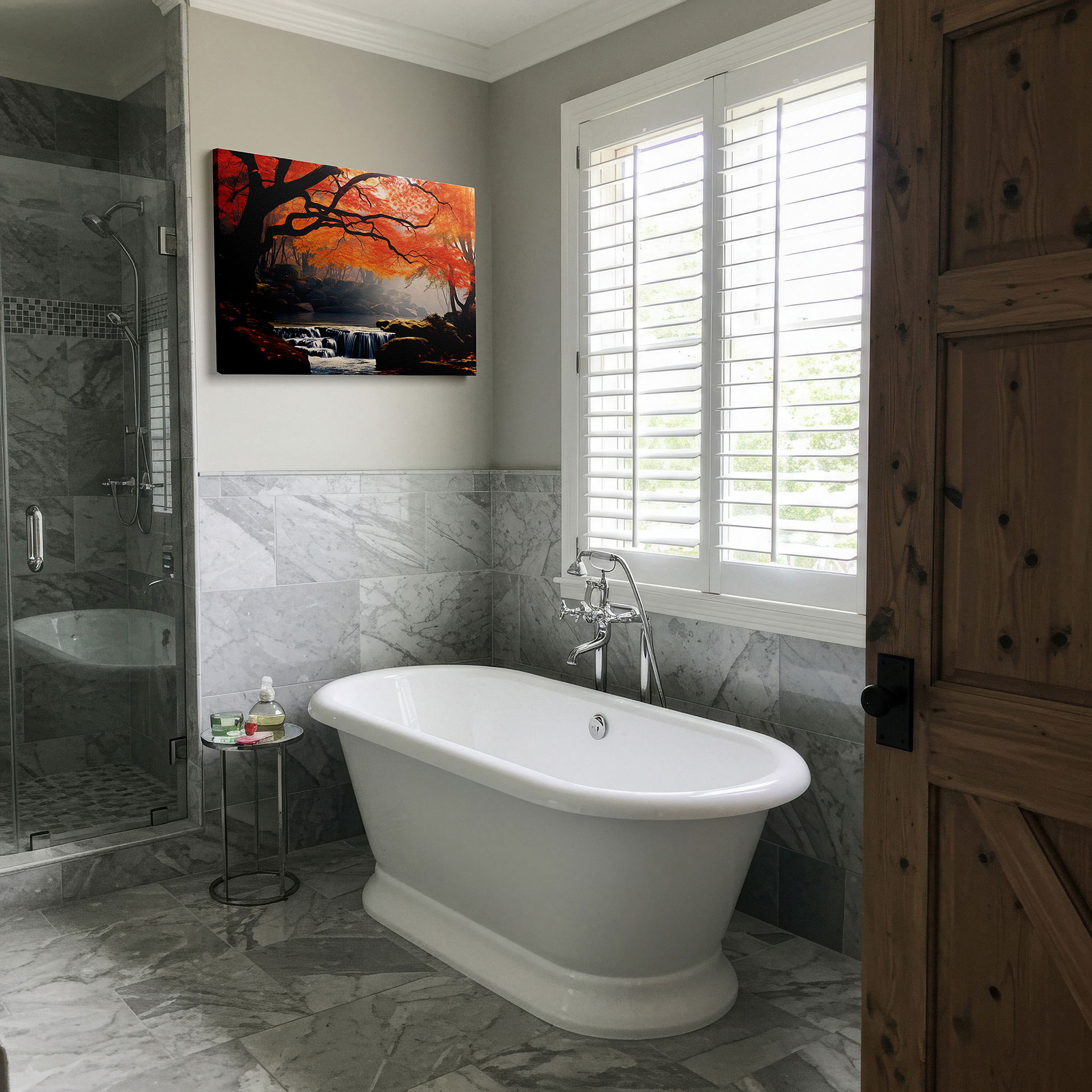 Installation made easy with a centered hook and clean wire mount — wall art: "autumn's embrace" - tranquil stream amidst fiery forest colors, large canvas wall art for office and bedroom decor