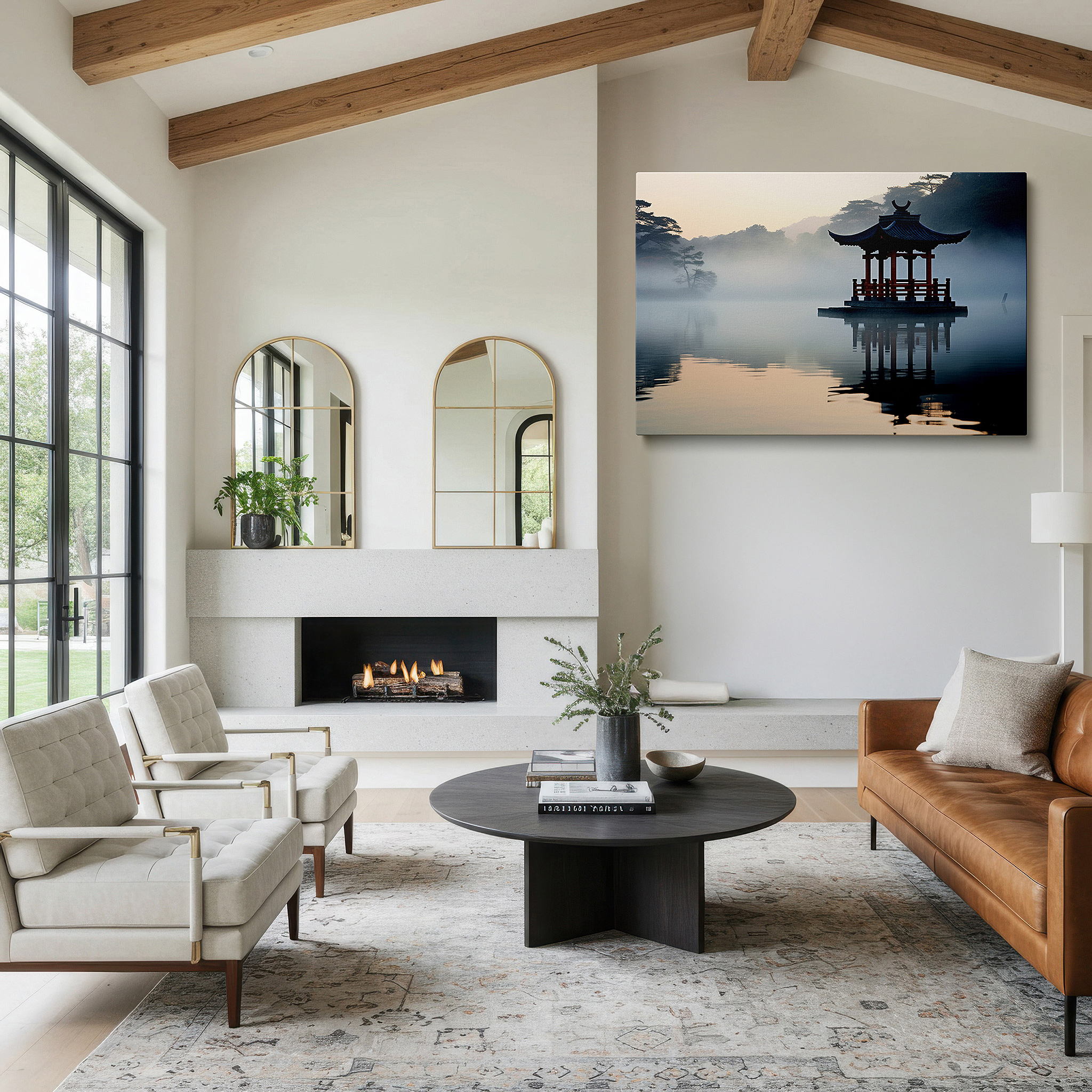 Installation made easy with a centered hook and clean wire mount — wall art: "dawn's embrace at the red pavilion" - tranquil reflections on misty waters, large canvas wall art for home and office decor