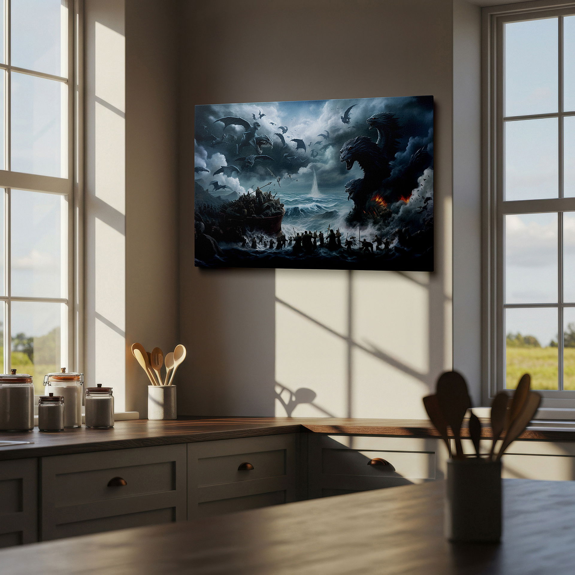Installation made easy with a centered hook and clean wire mount — wall art: dramatic stormy seascape featuring mythical sea
