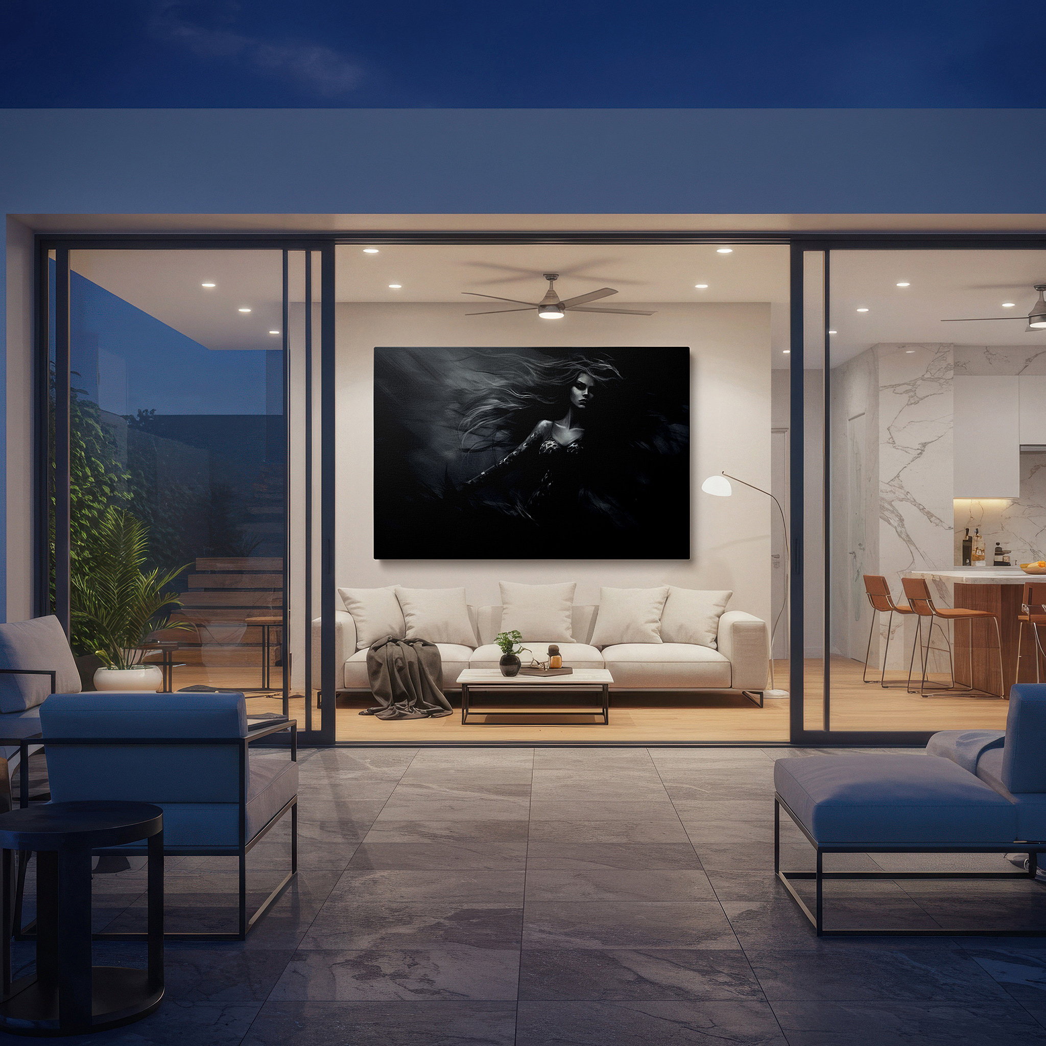 Installation made easy with a centered hook and clean wire mount — wall art: enigmatic charm in black and white - a striking dance of shadows and light. ideal for living rooms, offices, and bedrooms.