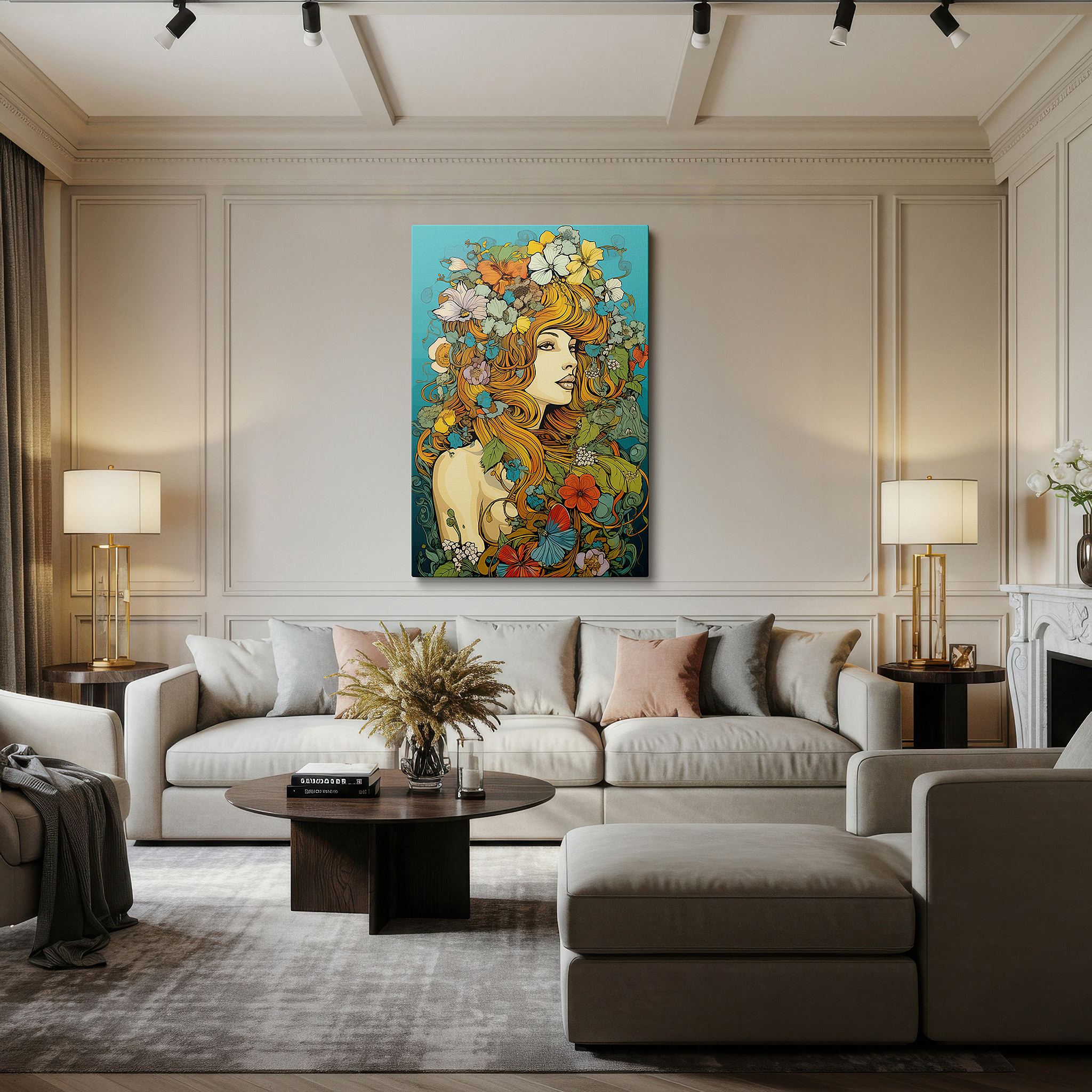 Installation made easy with a centered hook and clean wire mount — wall art: a lush floral portrait blending femininity with nature - large canvas wall art for office and bedroom decor