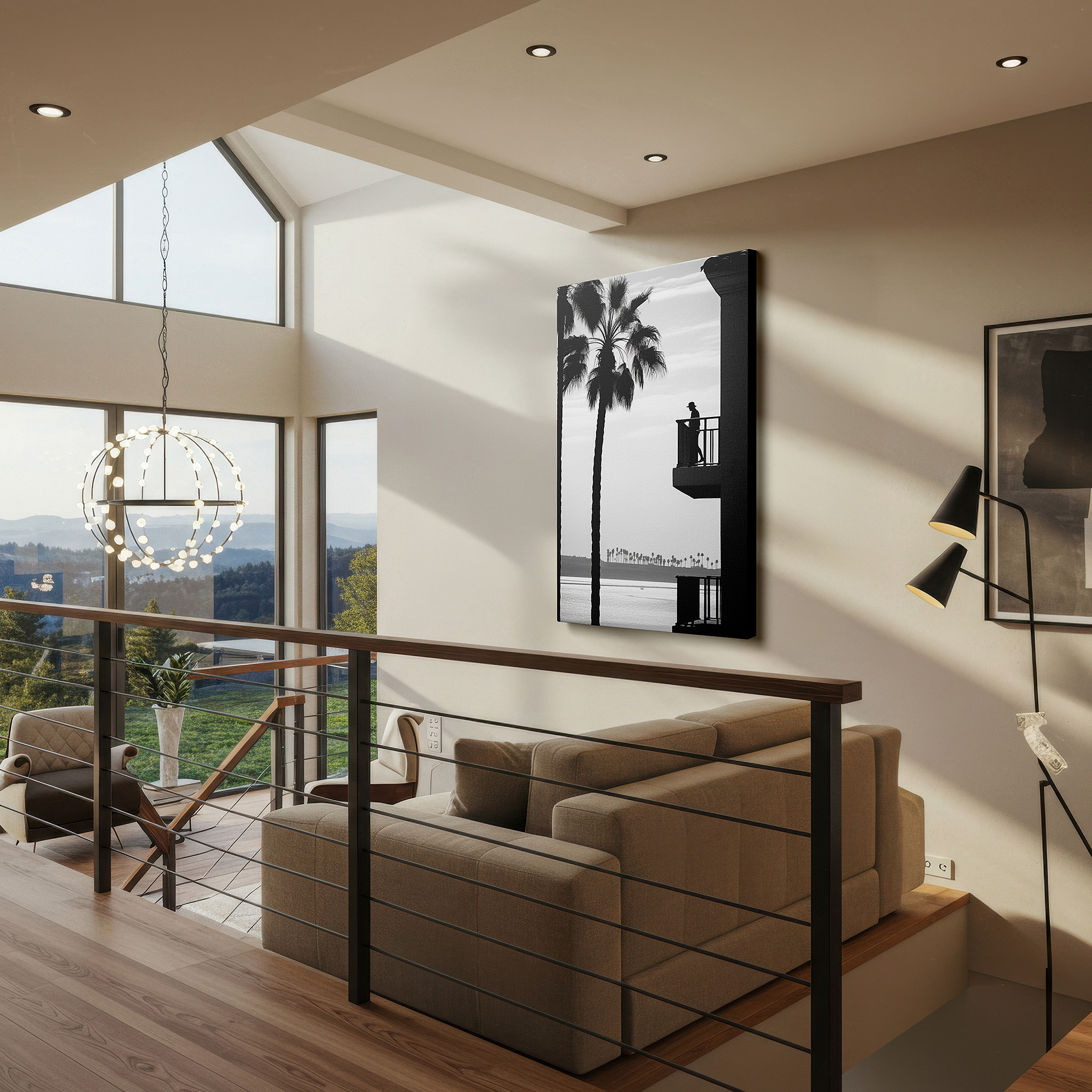 Installation made easy with a centered hook and clean wire mount — wall art: peaceful solitude on a balcony with a view of a quiet coastal landscape and palm trees - large canvas wall art for home and office decor