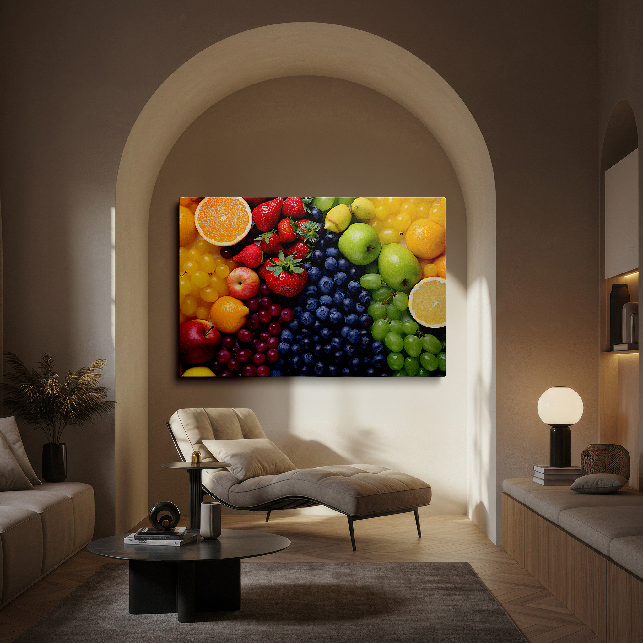 Installation made easy with a centered hook and clean wire mount — wall decor: a lively blend of nature's hues and fresh fruit, encouraging wellness and culinary innovation - large canvas art for home and office decor