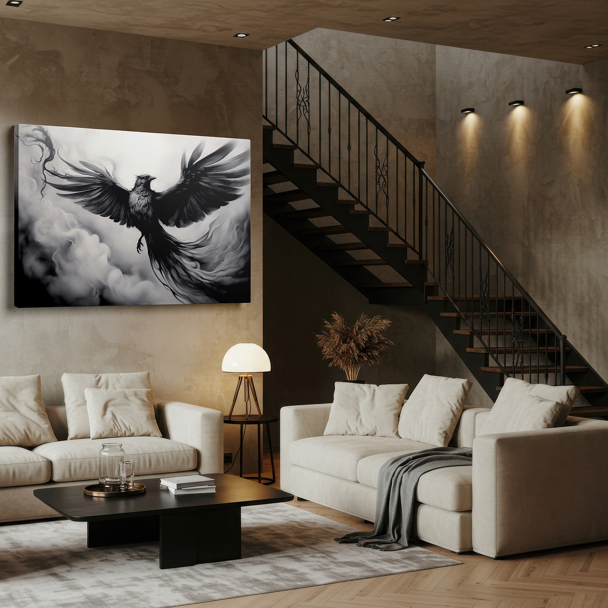 Lighting brings out layered depth in the print’s surface grain — black bird soaring in monochrome sky: symbol of freedom and nature's power - large canvas wall art for office decor
