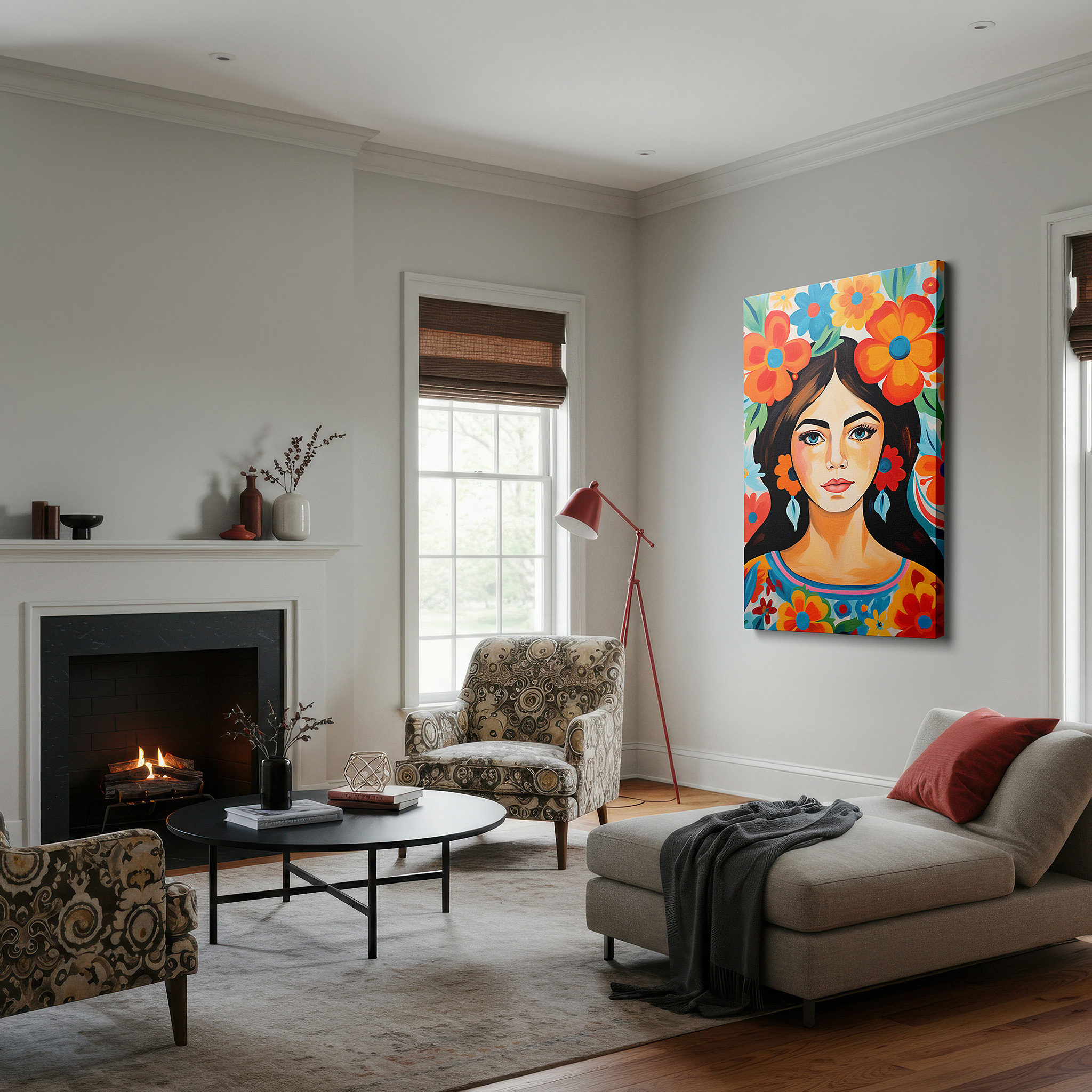 Lighting brings out layered depth in the print’s surface grain — celebrating nature, femininity, and joy with a radiant smiling woman adorned with colorful flowers - large canvas wall art
