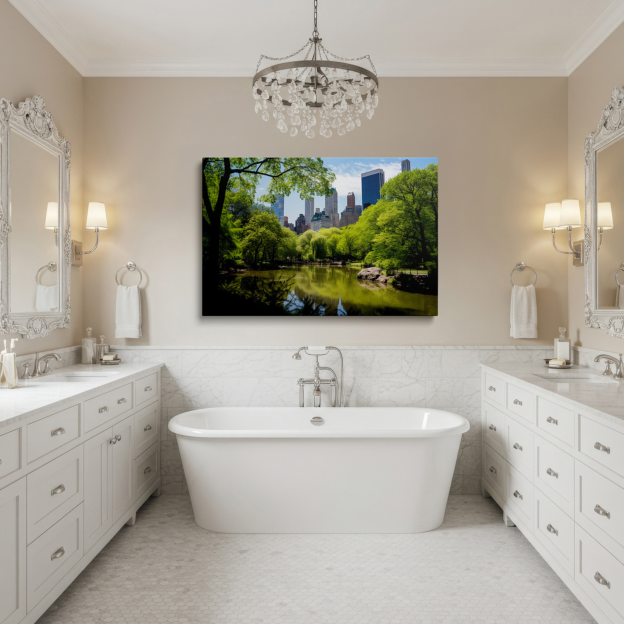 Lighting brings out layered depth in the print’s surface grain — central park oasis wall art: experience the serenity of nature against new york's city skyline - large canvas art for home and office decor