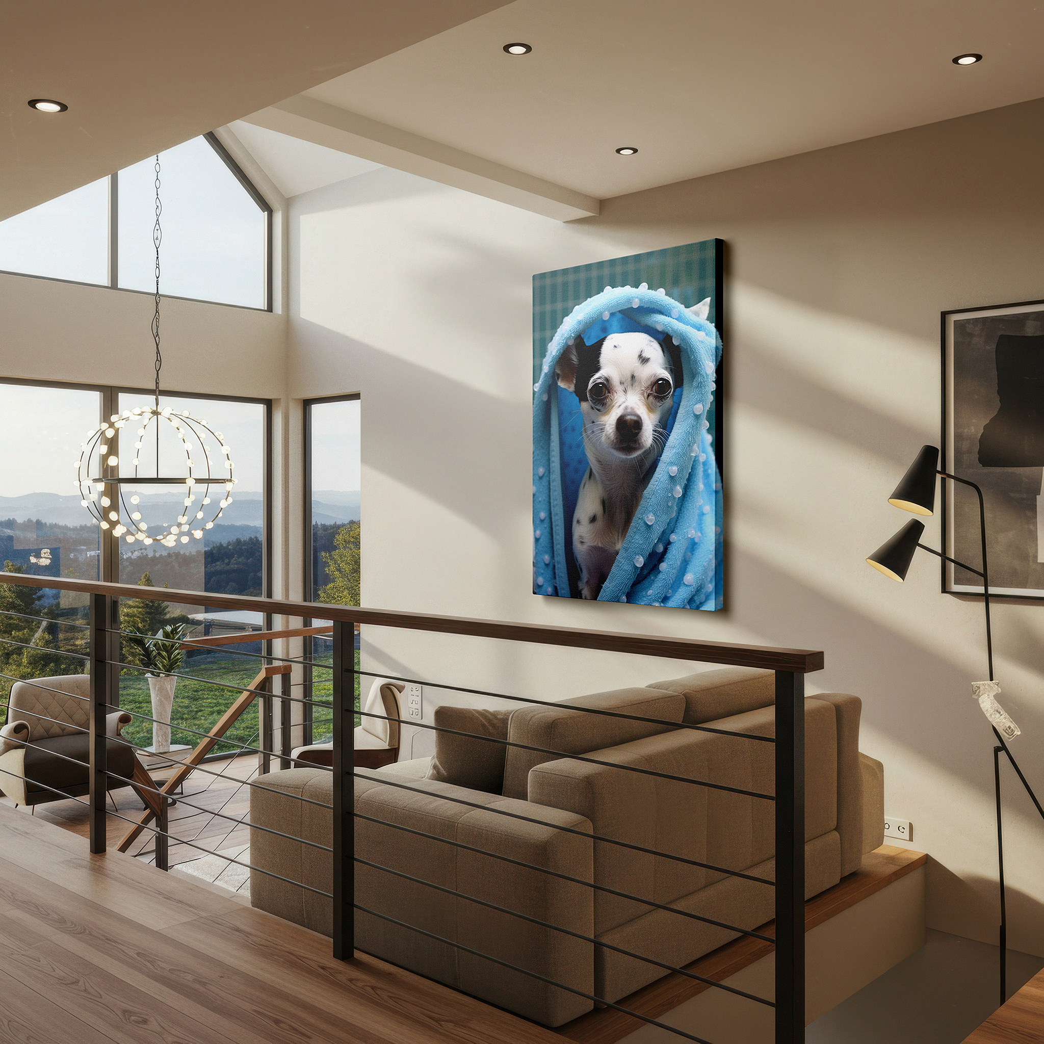 Lighting brings out layered depth in the print’s surface grain — chihuahua in a blue towel wall art: cozy and charming large canvas for home and office decor