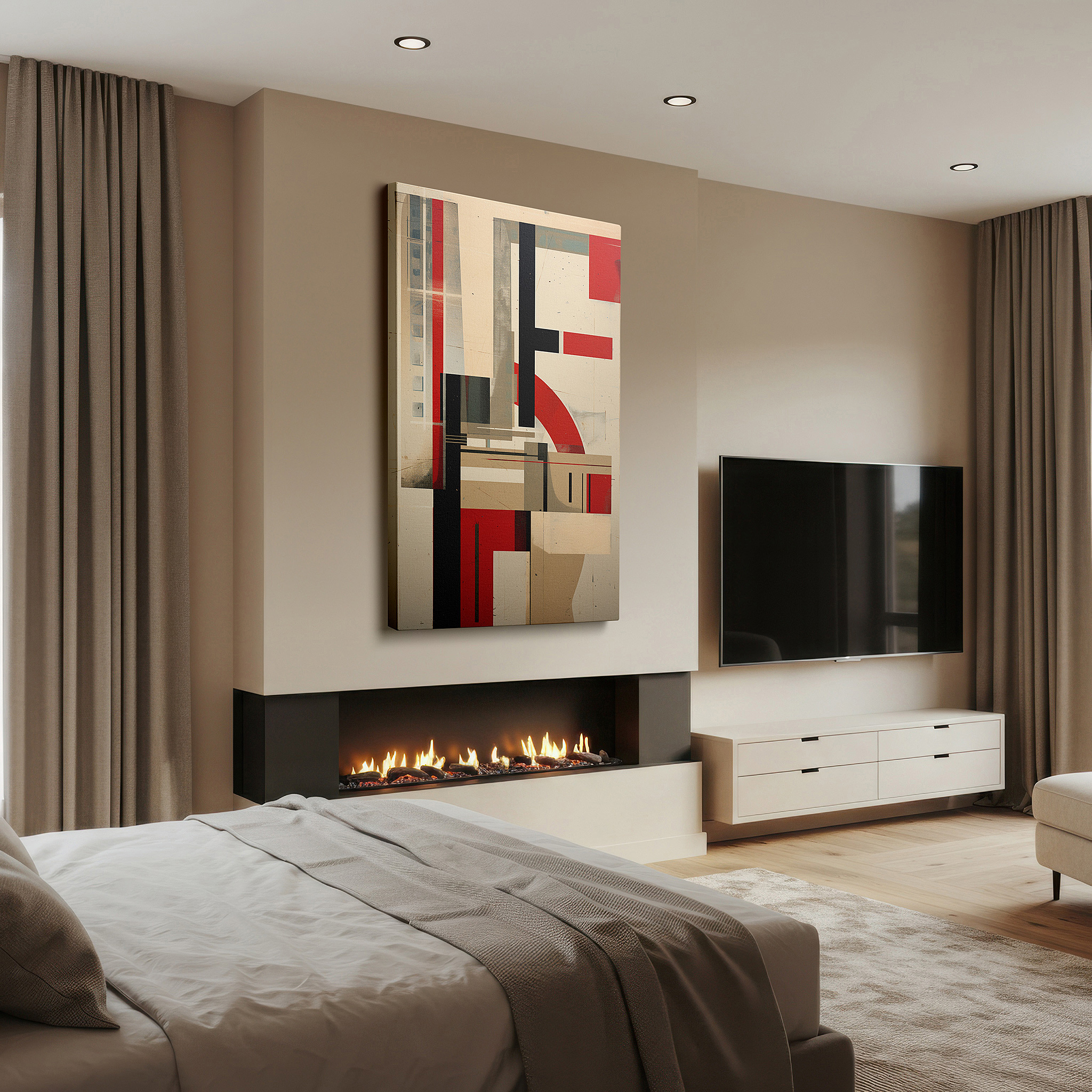 Lighting brings out layered depth in the print’s surface grain — a composition of geometric forms and bright hues, crafting a visually captivating and emotionally impactful story large wall art, canvas wall