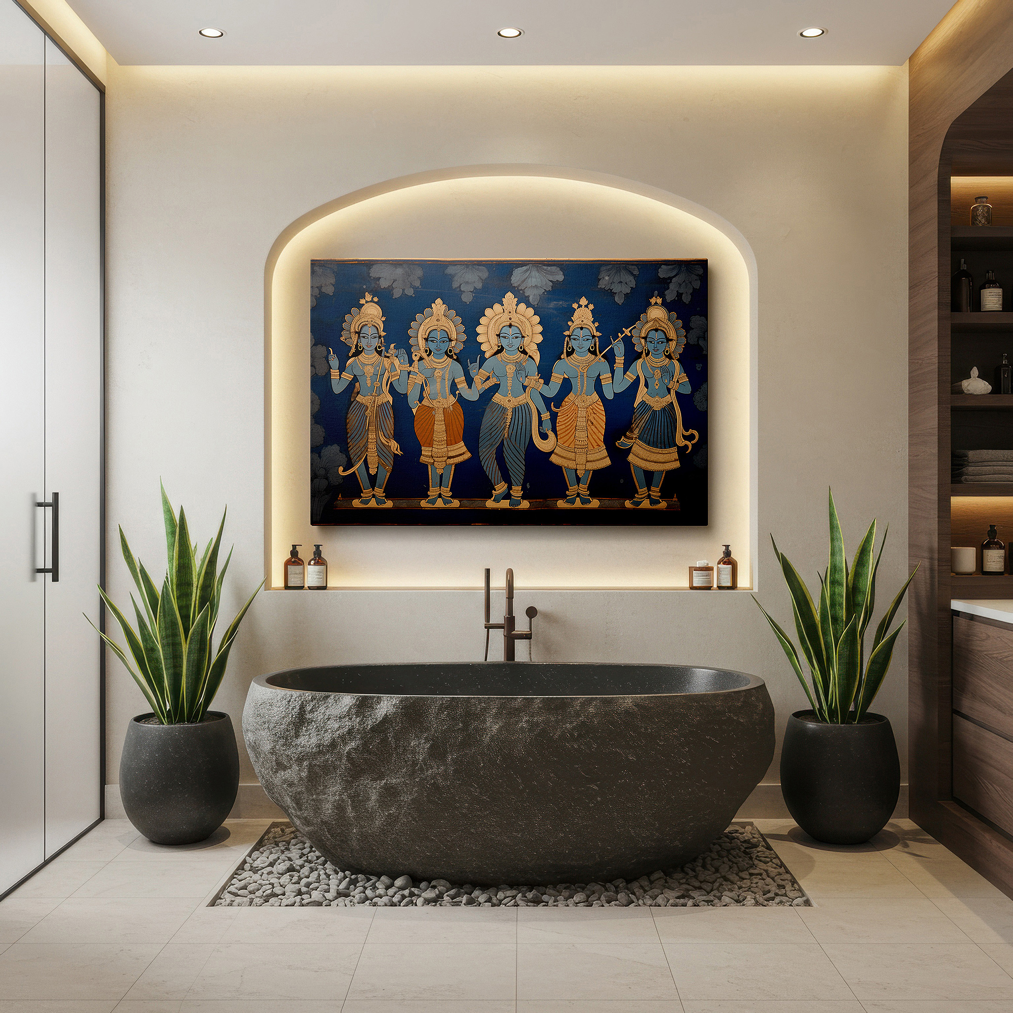 Lighting brings out layered depth in the print’s surface grain — divine figures and celestial myths on a rich blue background: large canvas wall art for office, bedroom, and living room decor