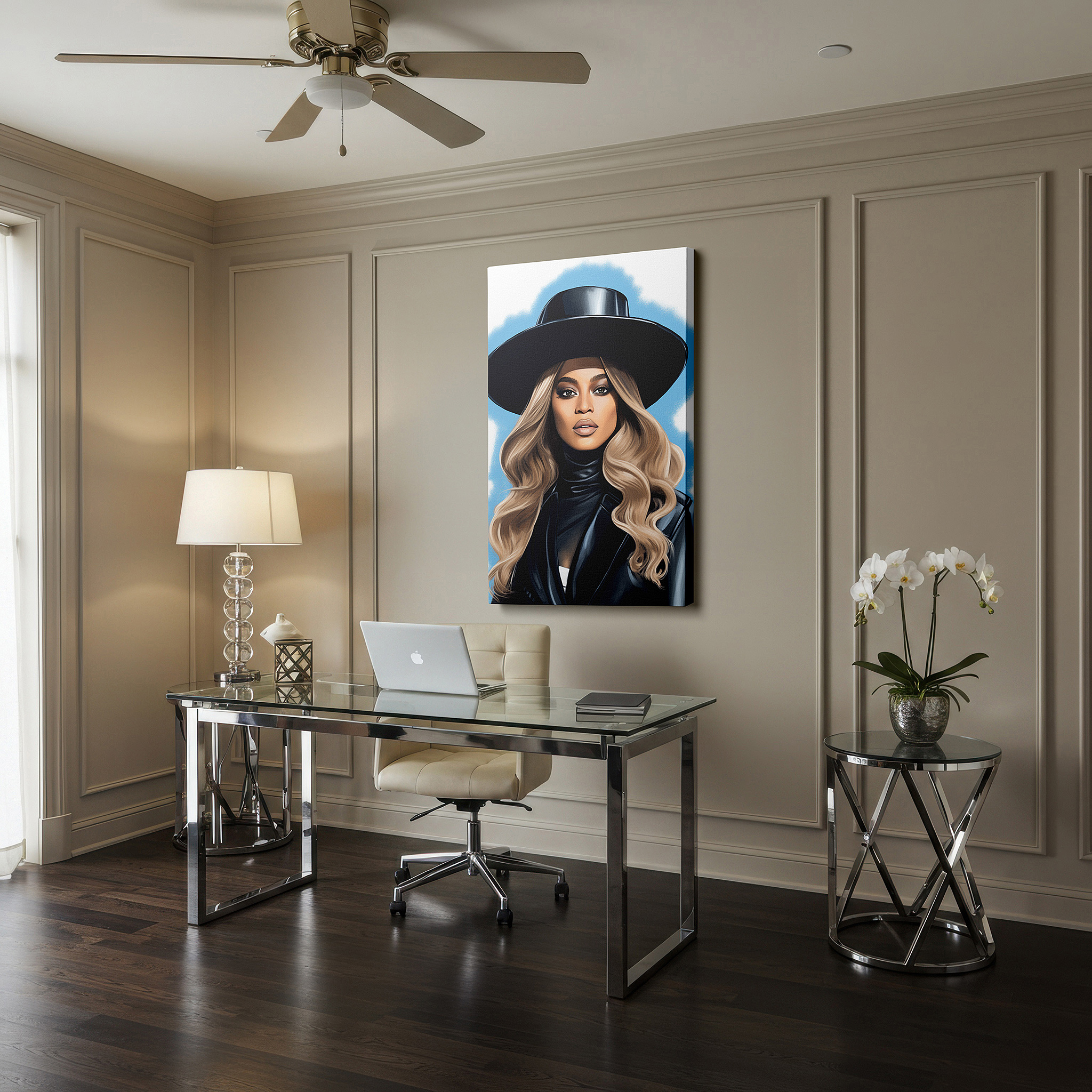Lighting brings out layered depth in the print’s surface grain — elegant and confident modern woman with a striking black hat - large canvas wall art for stylish office decor