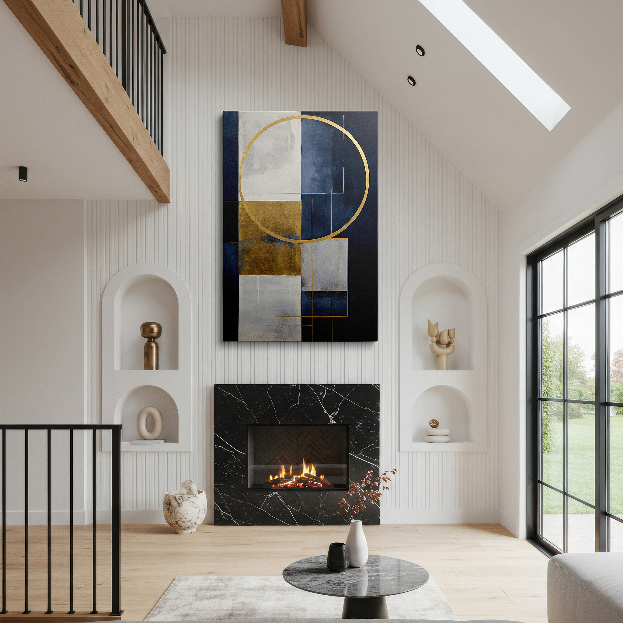 Lighting brings out layered depth in the print’s surface grain — elegant gold and navy geometric patterns on a textured gradient background for a dynamic and sophisticated visual impact large wall art, canvas wall