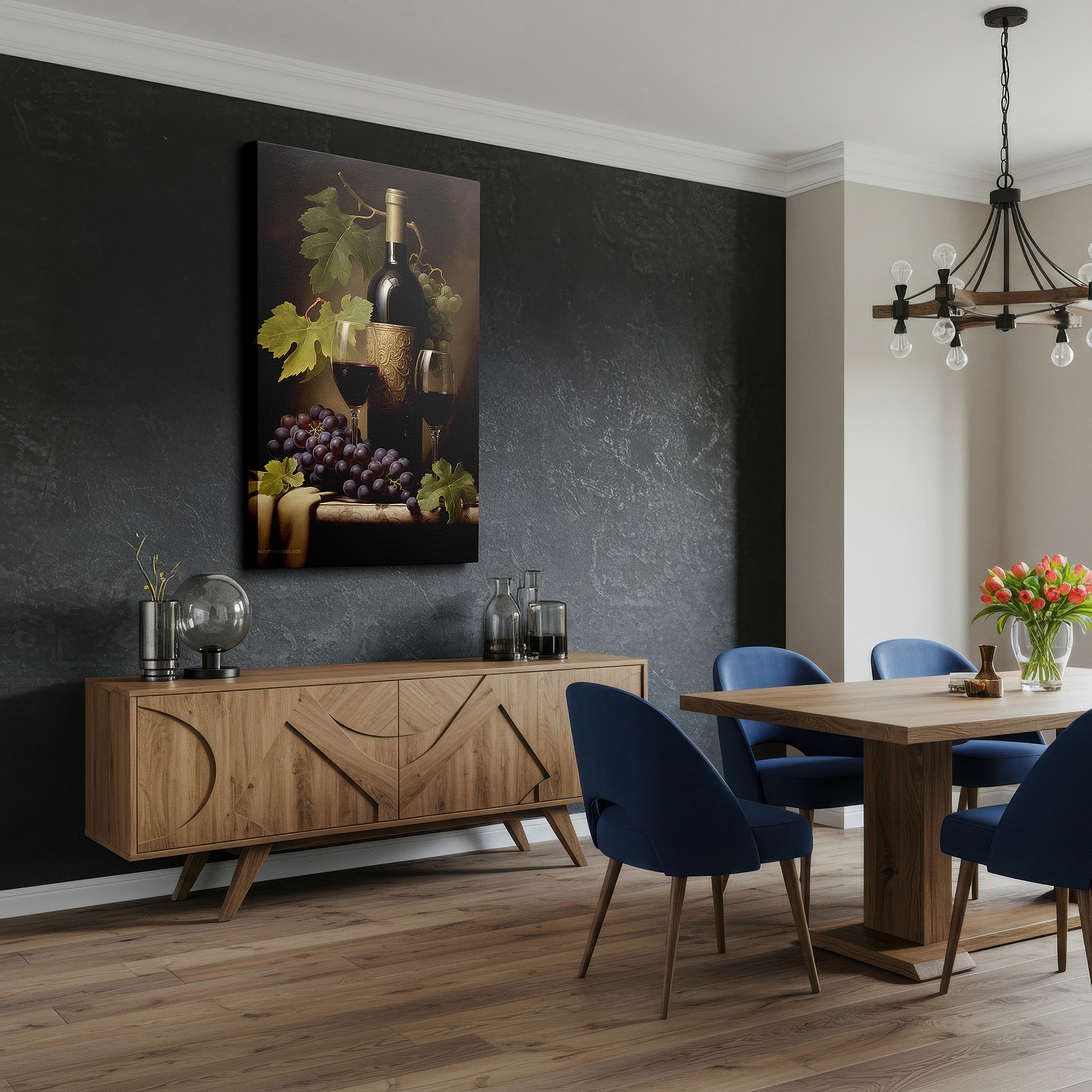 Lighting brings out layered depth in the print’s surface grain — elegant wine tasting evening wall art featuring red wine, glasses, and ripe grapes - large canvas art for home and office decor, perfect for living room and bedroom