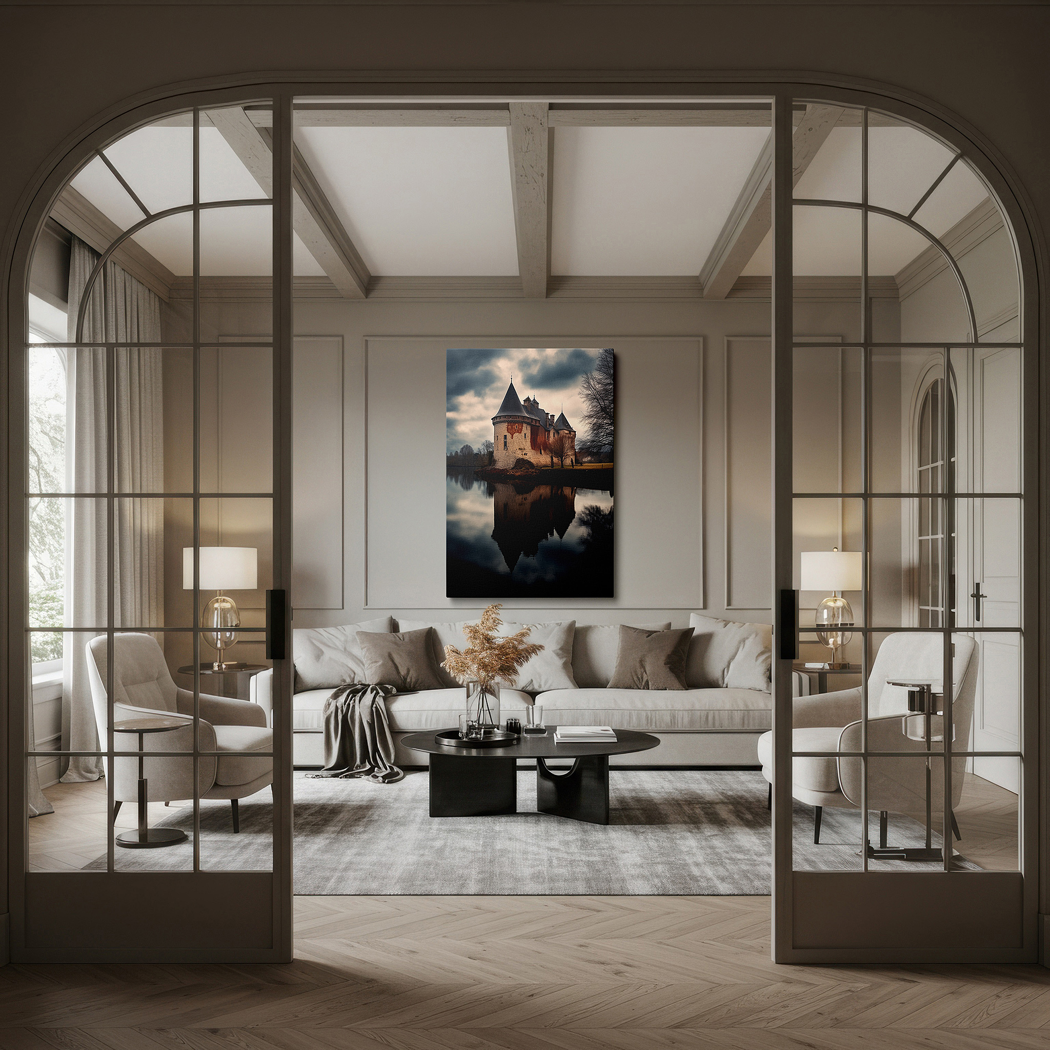 Lighting brings out layered depth in the print’s surface grain — enigmatic castle by the lake wall art: large canvas for office, bedroom, and living room decor, mysterious and solitary