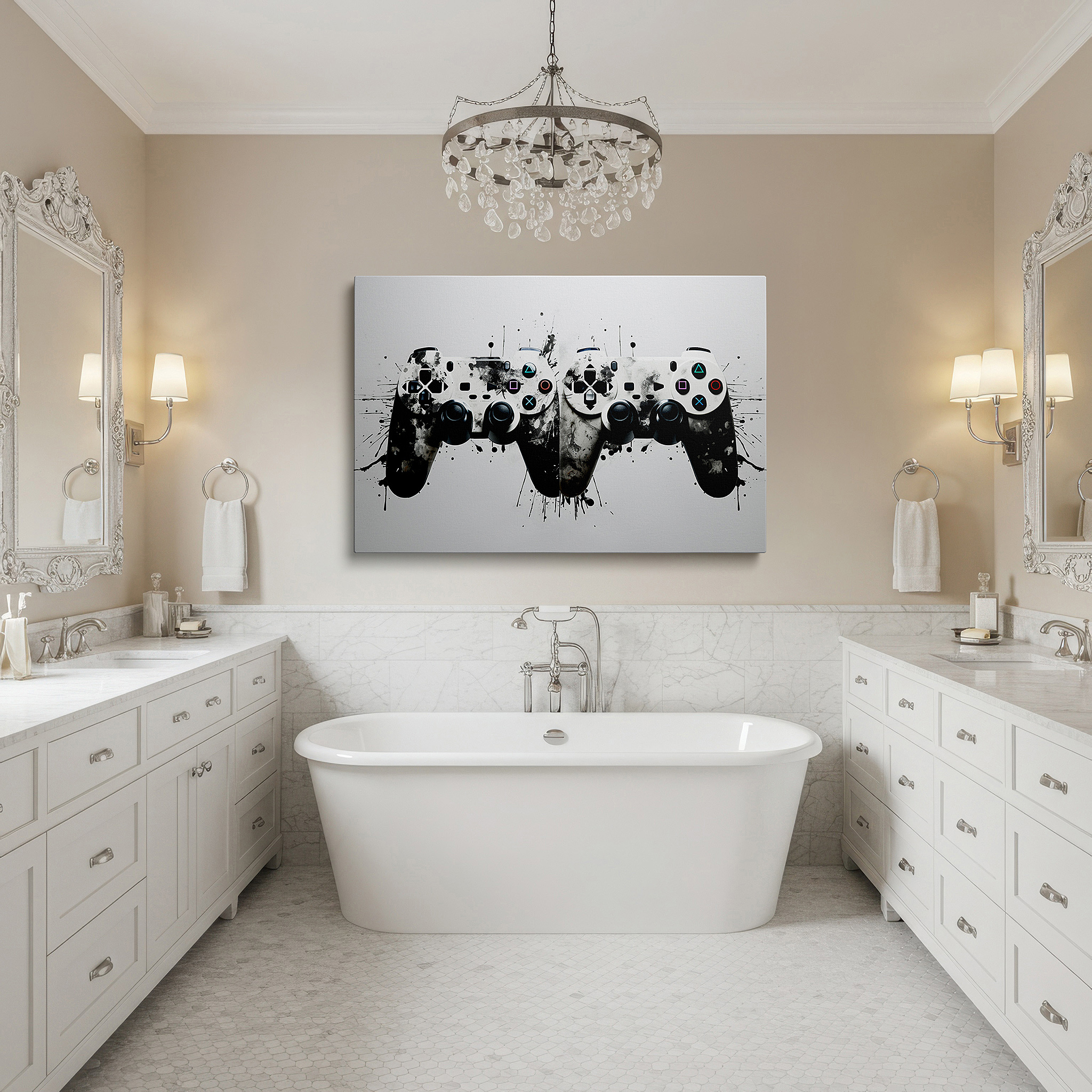 Lighting brings out layered depth in the print’s surface grain — gaming controllers splatter-paint wall art: celebrating art and technology - large canvas for office decor
