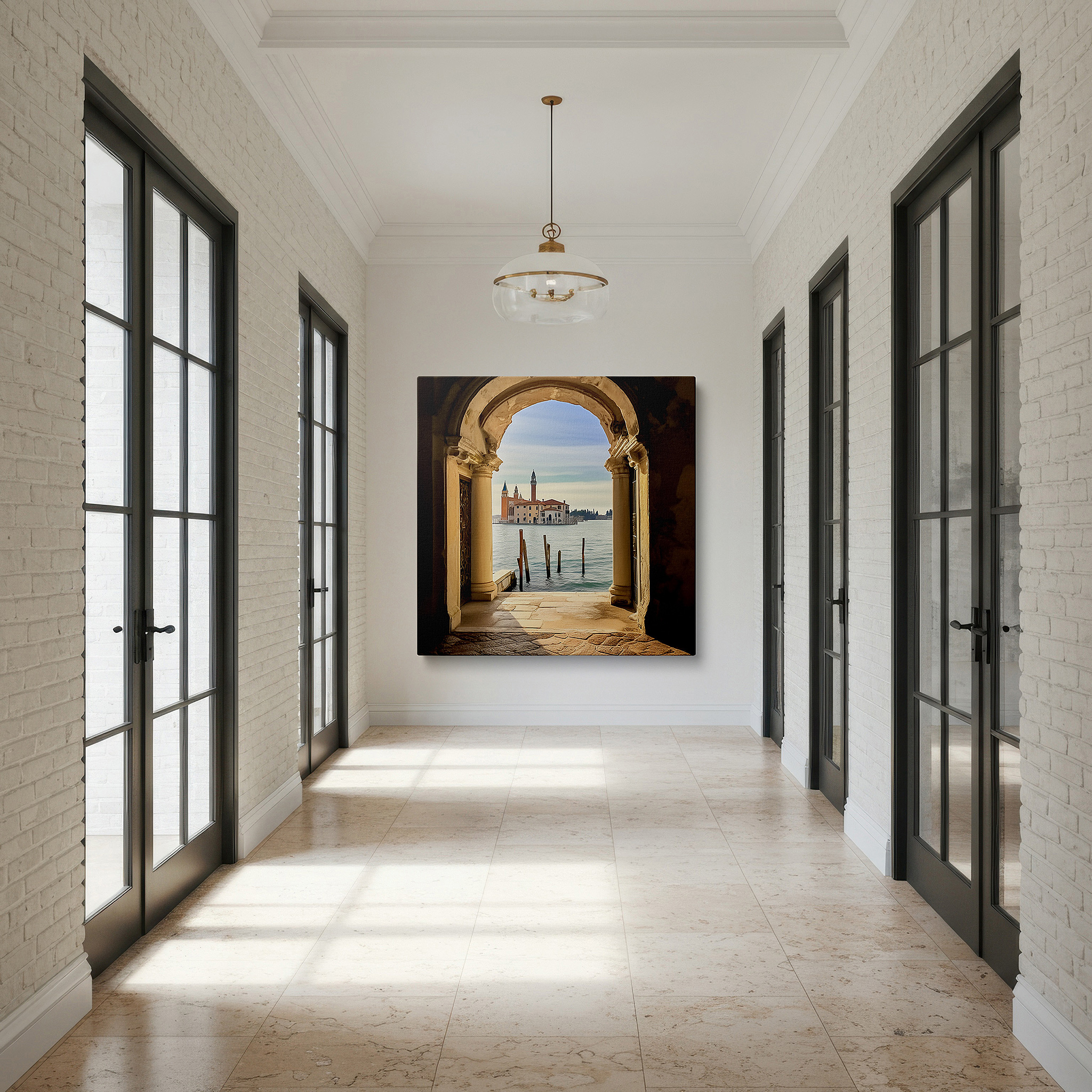 Lighting brings out layered depth in the print’s surface grain — gateway to time: arched historical architecture and tranquil waters - large canvas wall art for office and bedroom decor