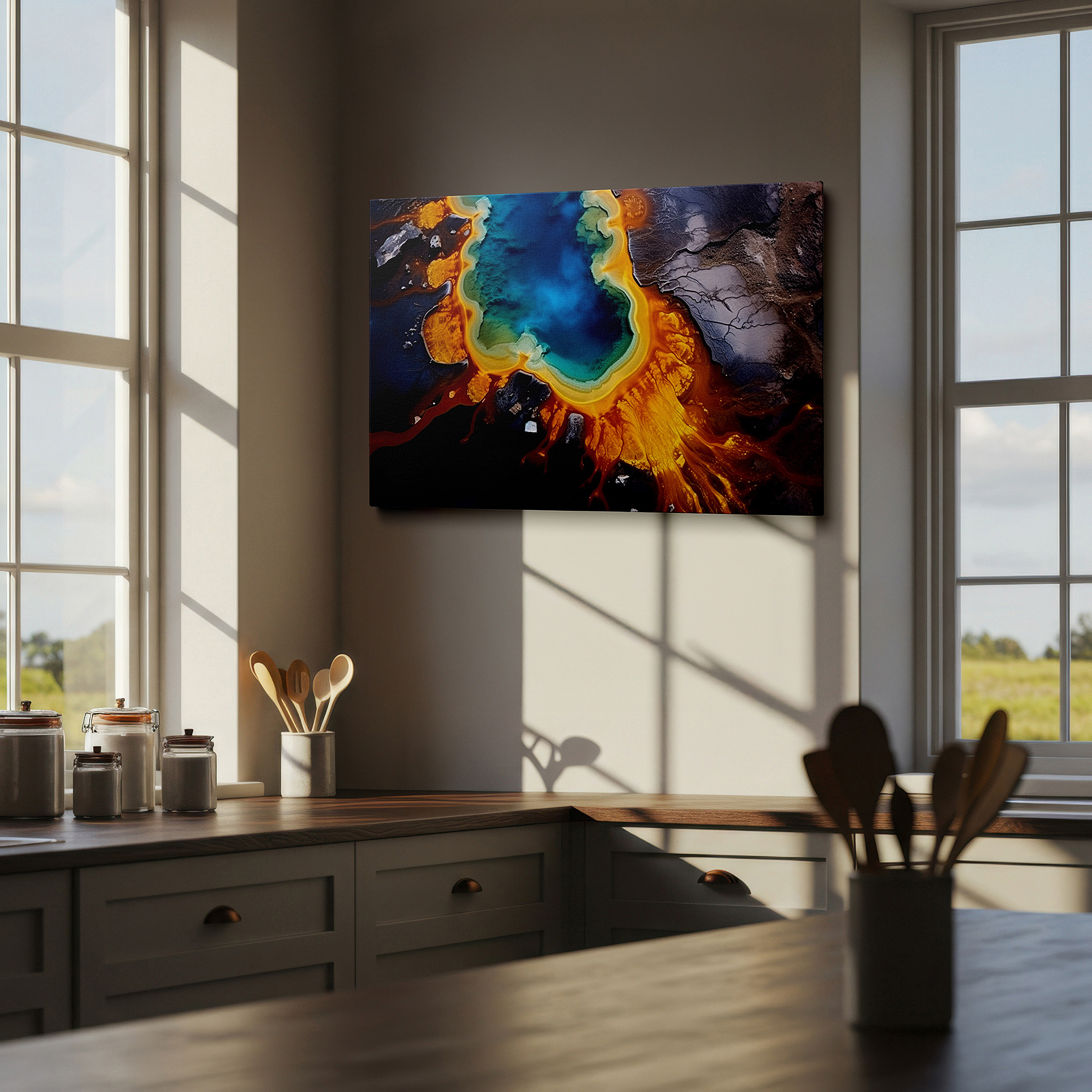 Lighting brings out layered depth in the print’s surface grain — geothermal wonders aerial view: vibrant pools and earthy tones - large canvas wall art for office and bedroom decor