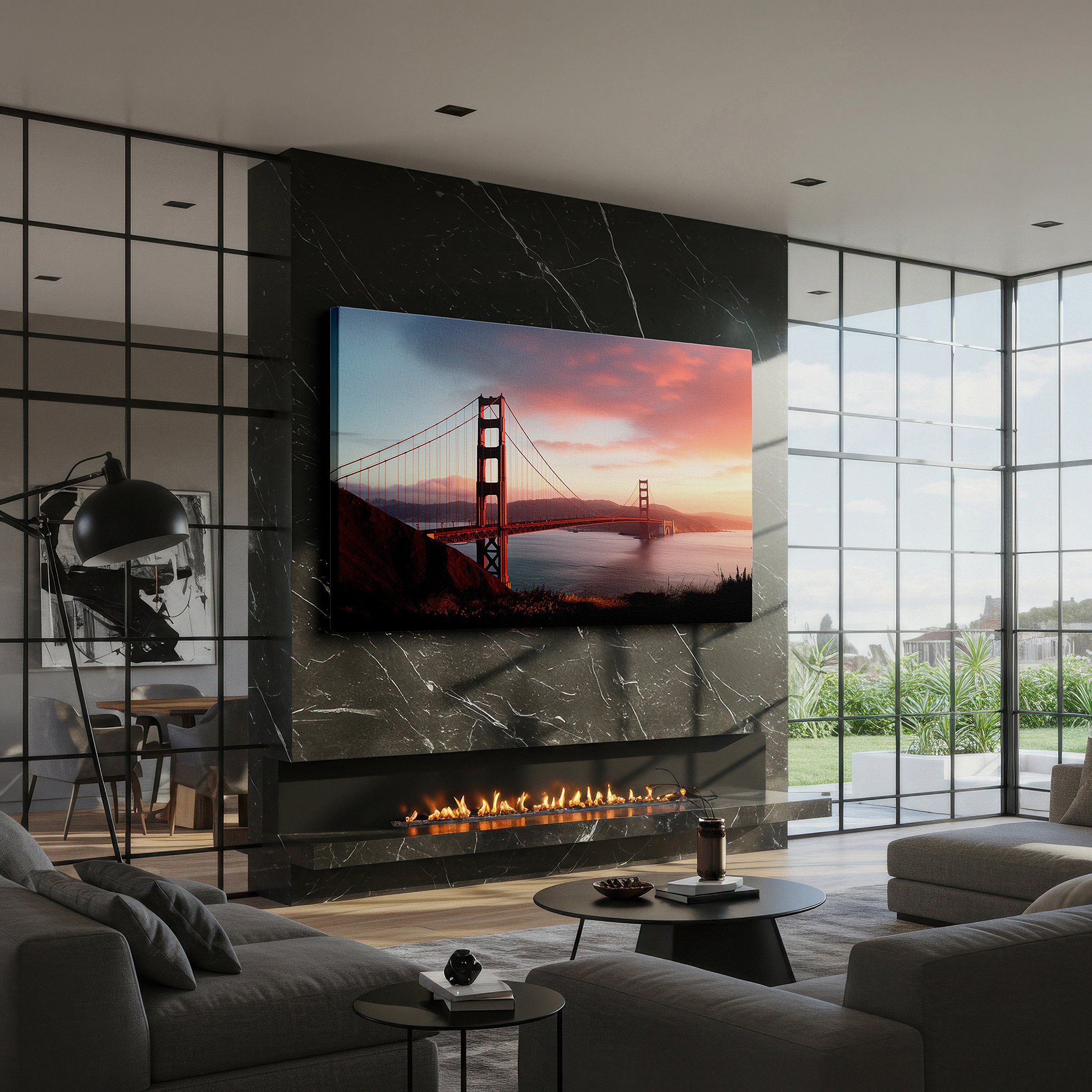 Lighting brings out layered depth in the print’s surface grain — golden gate bridge at sunset: a stunning display of san francisco's iconic beauty - large canvas wall art for home and office decor