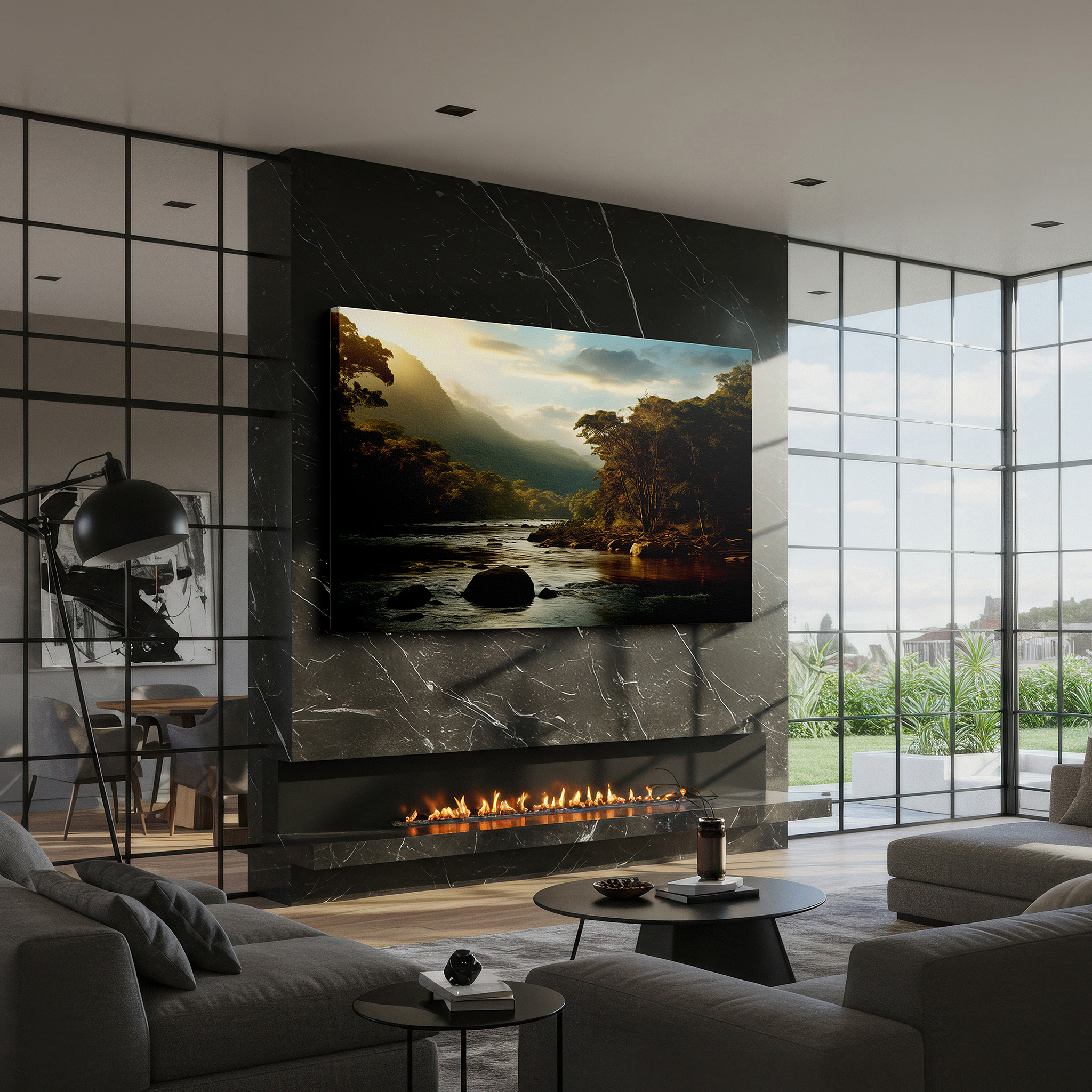 Lighting brings out layered depth in the print’s surface grain — golden hour at the tropical river - serene paradise large wall art, canvas wall art, wall decor for office, bedroom, and living room