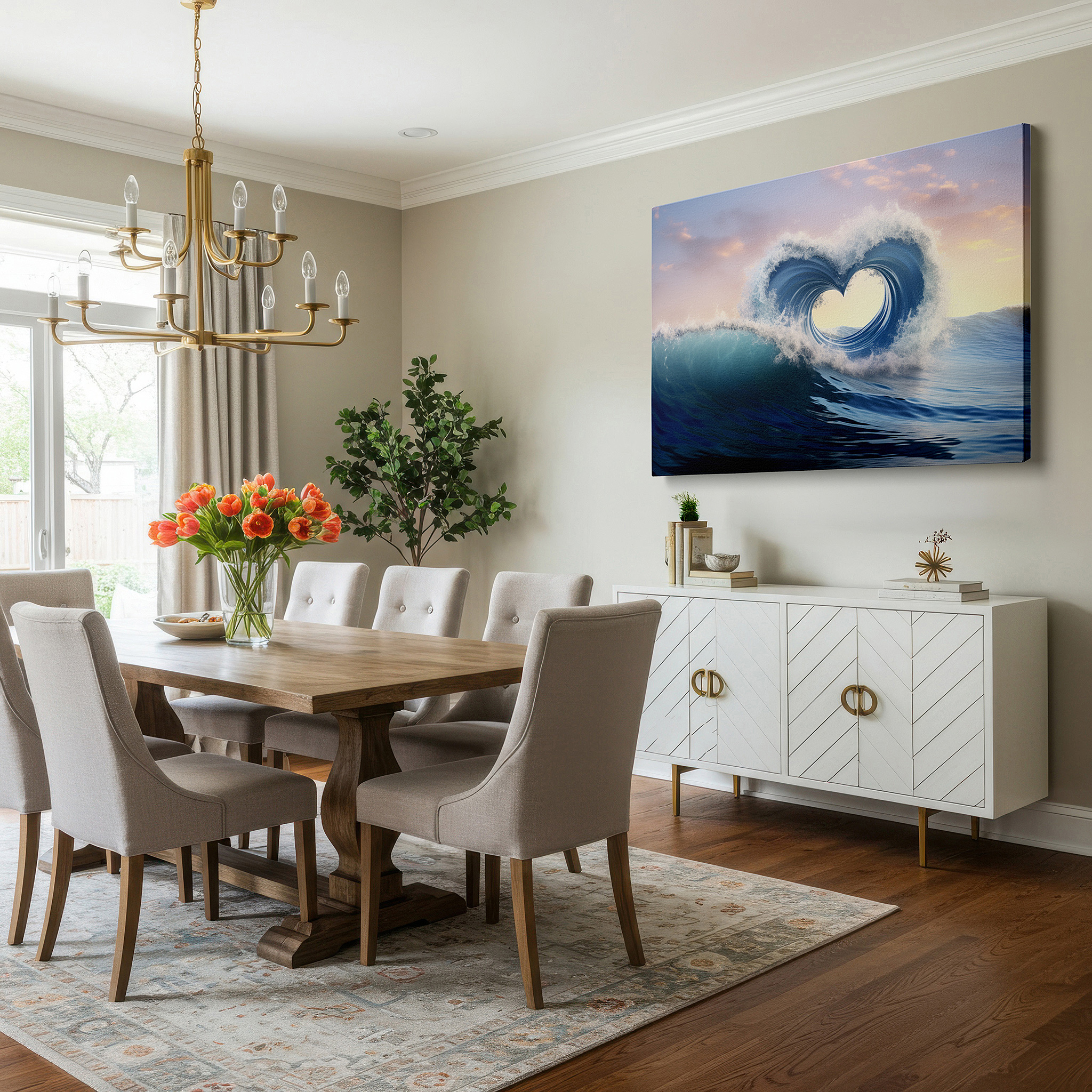 Lighting brings out layered depth in the print’s surface grain — "heart of the ocean" - serene seascape featuring a heart-shaped wave at dawn, large canvas wall art for home and office decor