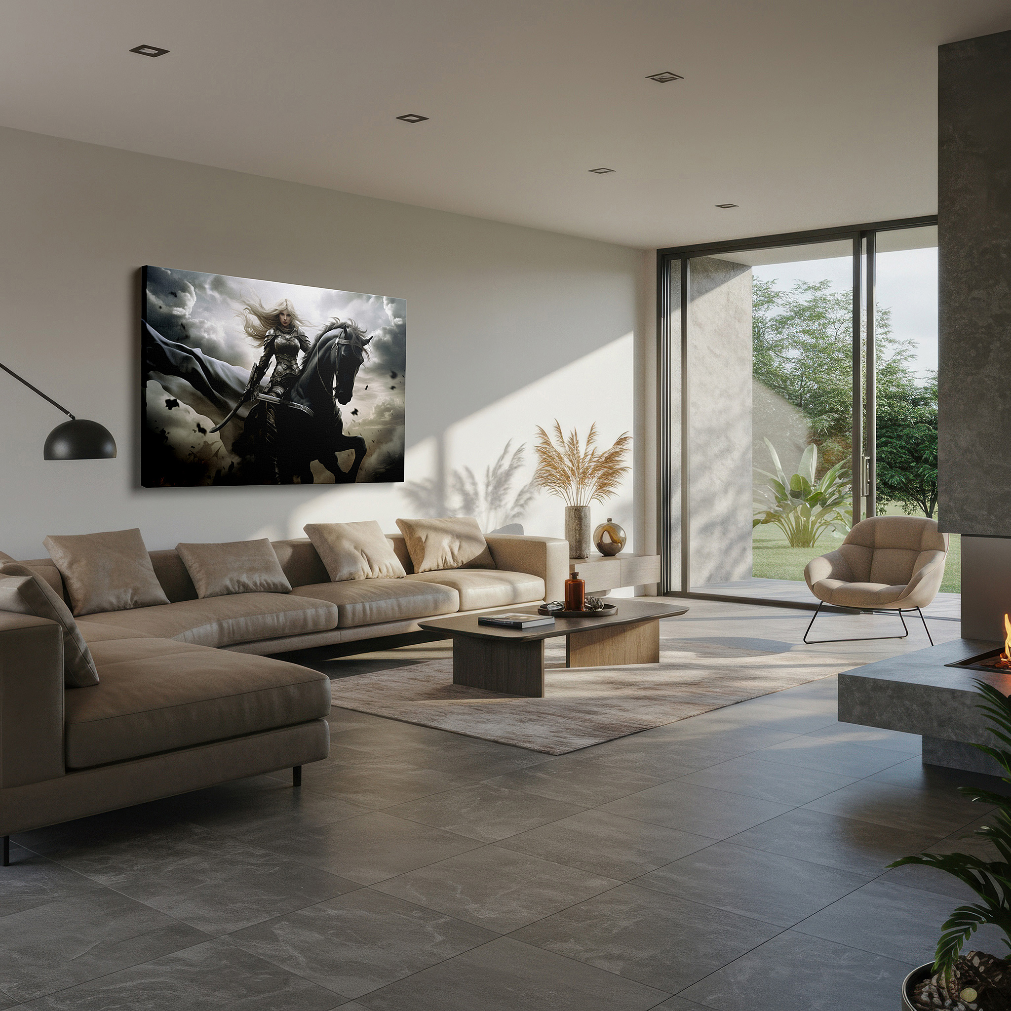 Lighting brings out layered depth in the print’s surface grain — heroic female knight and black horse charging through a stormy saga - large canvas wall art for office, bedroom, and living room decor