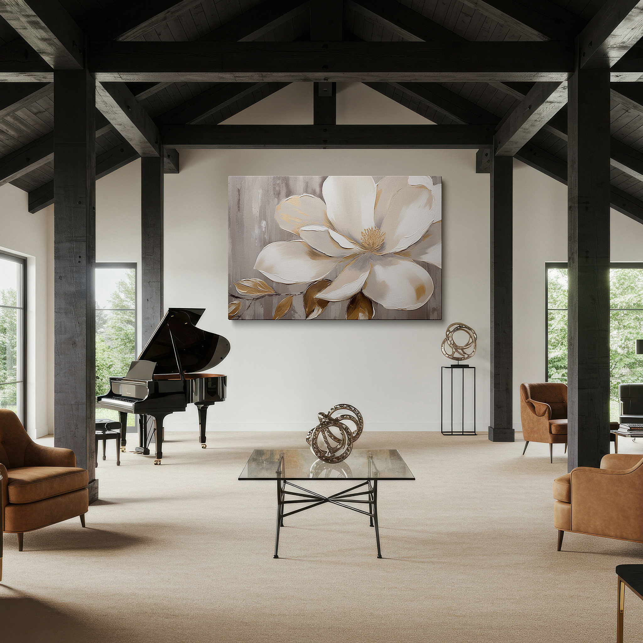 Lighting brings out layered depth in the print’s surface grain — magnolia blossom's serene beauty: elegant and luxurious nature-inspired large wall art, perfect for office and bedroom decor
