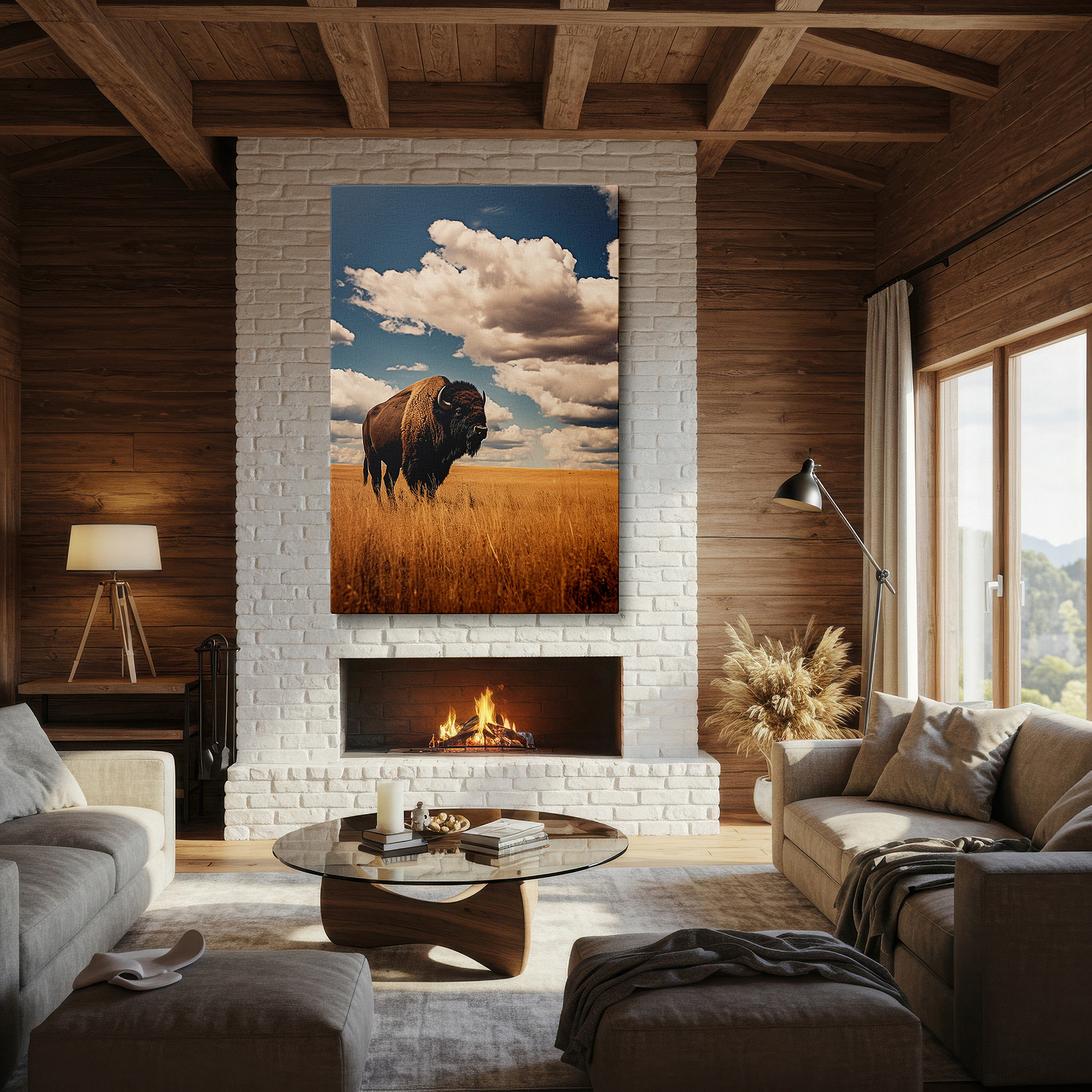 Lighting brings out layered depth in the print’s surface grain — majestic bison on golden prairie under expansive blue sky - large canvas wall art for office, bedroom, and living room decor