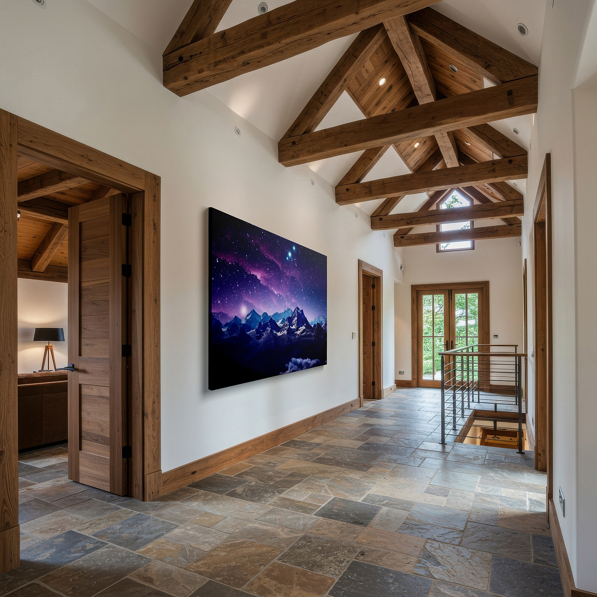 Lighting brings out layered depth in the print’s surface grain — majestic mountains beneath a cosmic sky: a celestial play of light and shadow - large canvas wall art for office decor