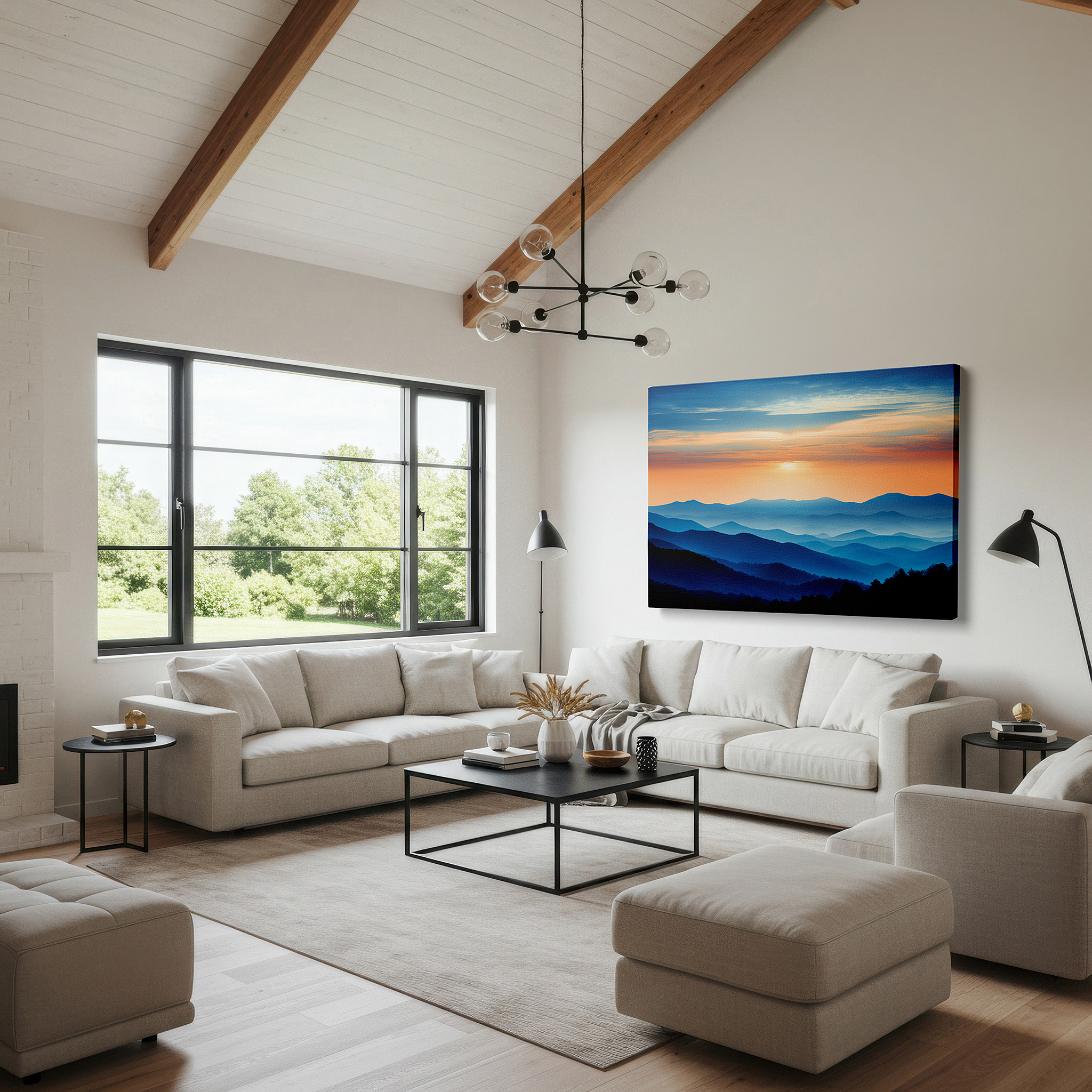Lighting brings out layered depth in the print’s surface grain — misty blue mountains at tranquil dawn, serene landscape canvas for reflection - large wall art for office and bedroom decor