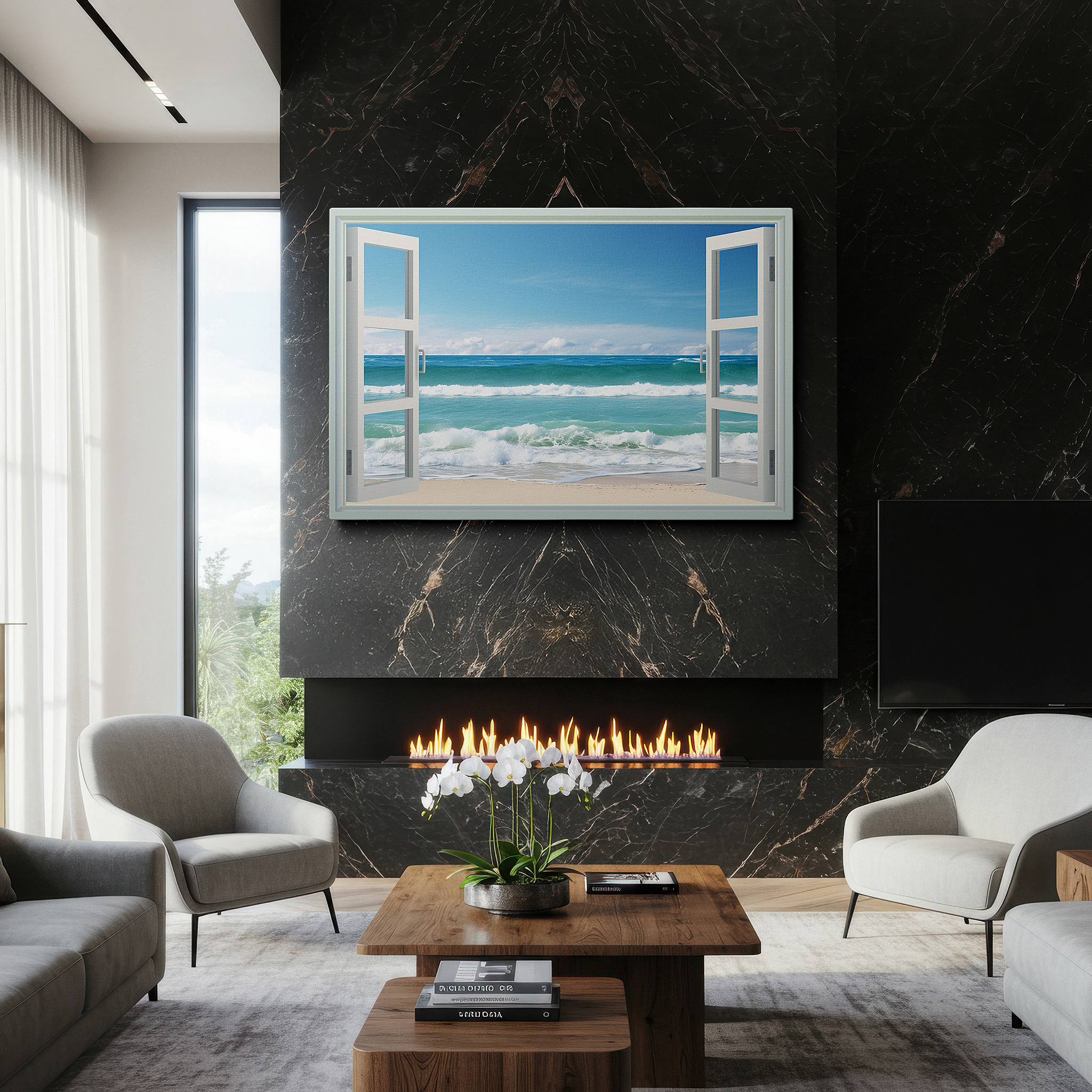 Lighting brings out layered depth in the print’s surface grain — ocean waves and open windows - serene coastal large wall art, canvas decor for office and bedroom