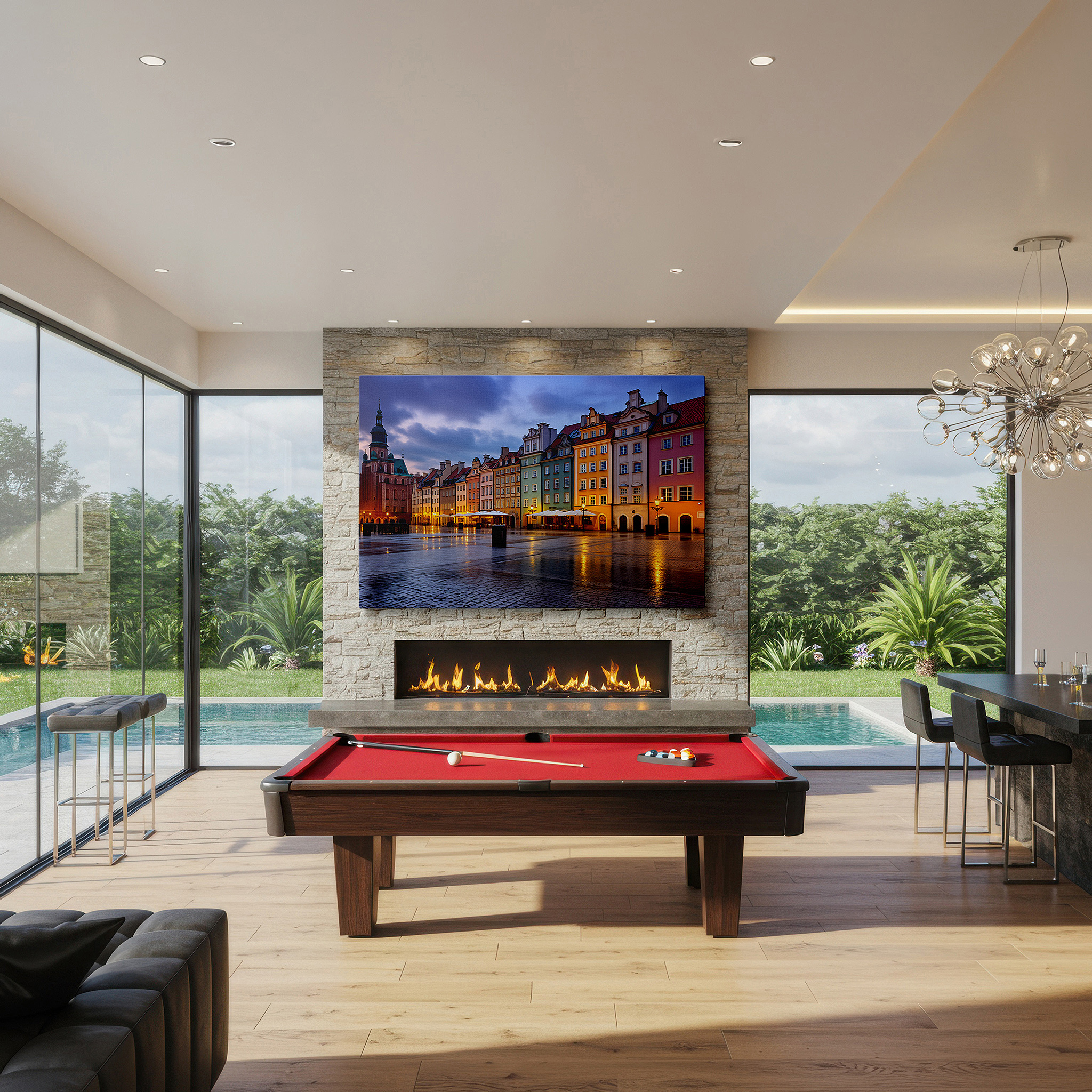 Lighting brings out layered depth in the print’s surface grain — old town square at dusk: a captivating fusion of historic charm and city life - large wall art, canvas wall art, wall decor for office